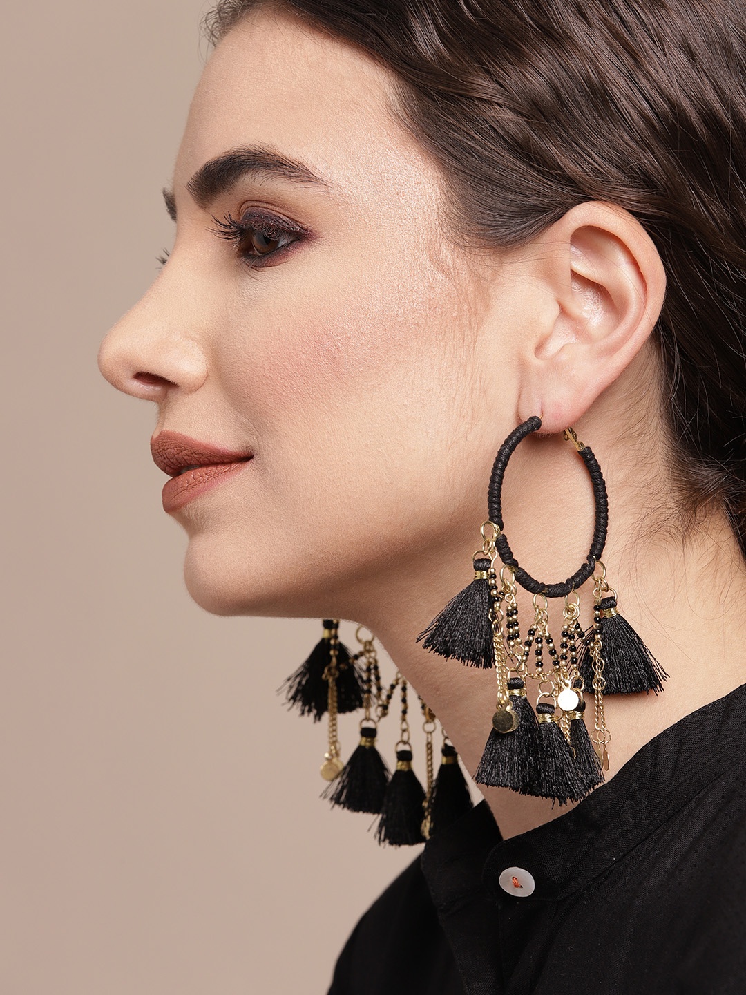 

Sangria Black & Gold-Toned Beaded Circular Hoop Earrings with Tassel