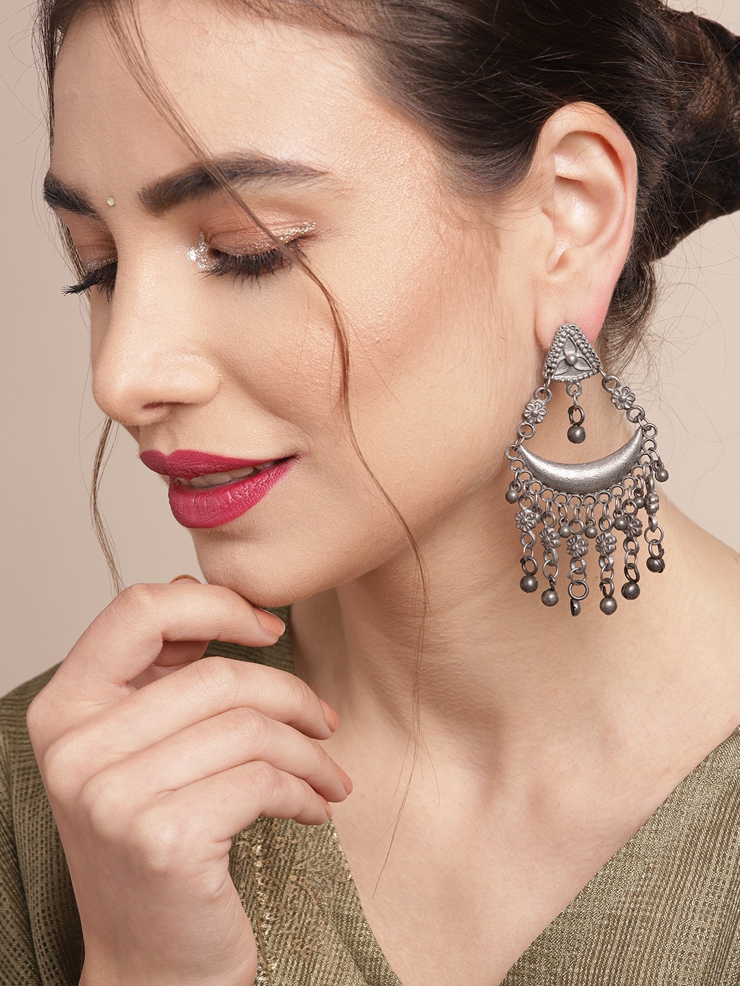 

Sangria Silver-Toned Oxidised Crescent Shaped Chandbalis Earrings