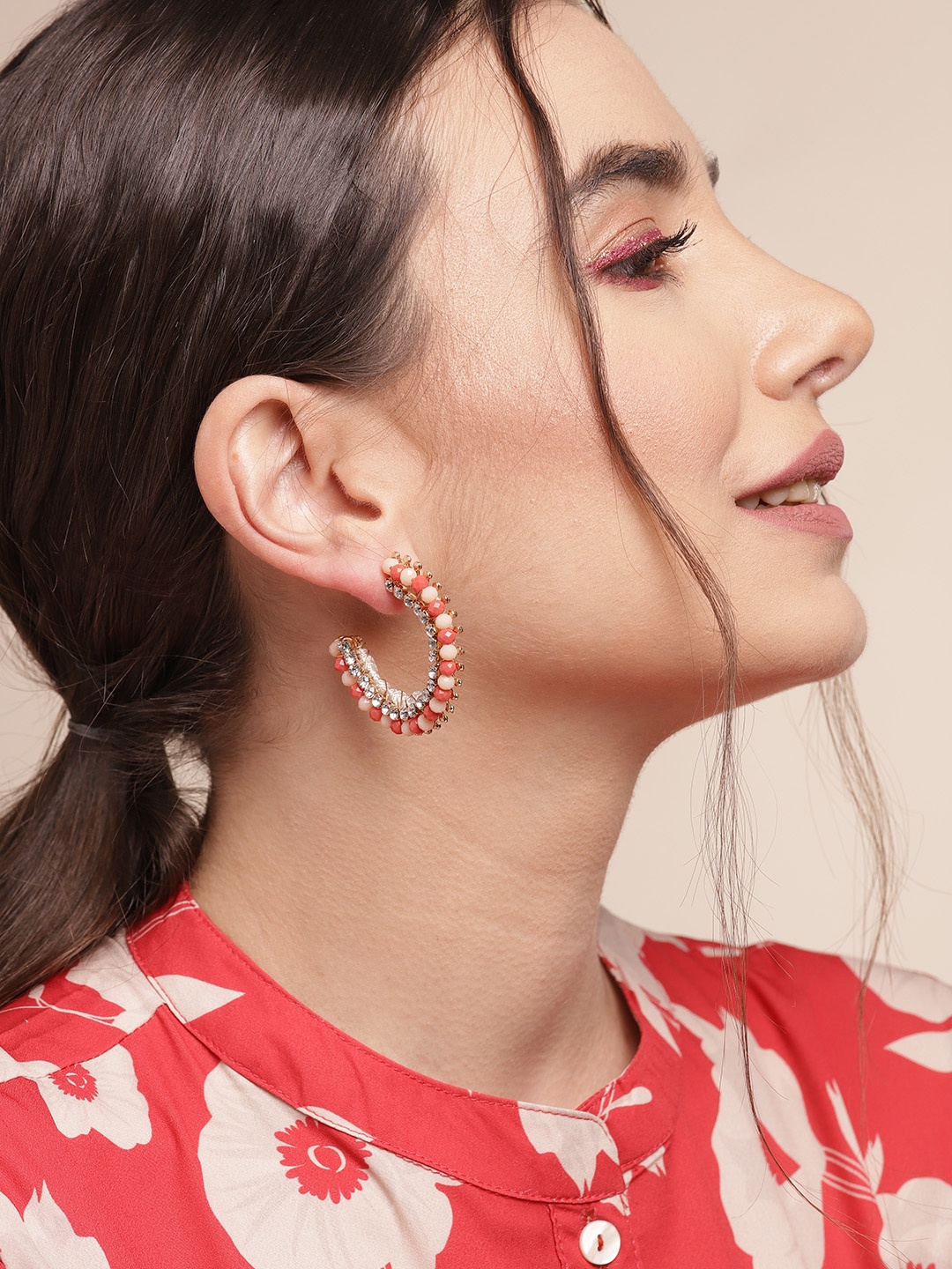 

Sangria Rust Orange & Gold-Toned Crescent Shaped Stone Studded & Beaded Half Hoop Earrings