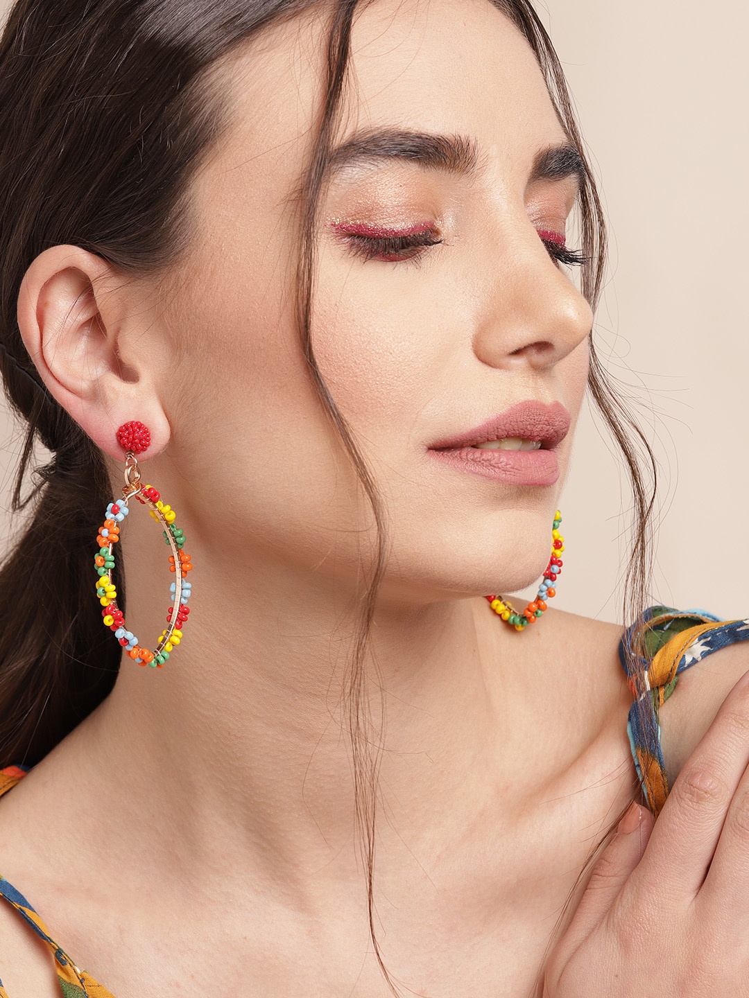 

Sangria Multicoloured Leaf Shaped Beaded Drop Earrings, Multi