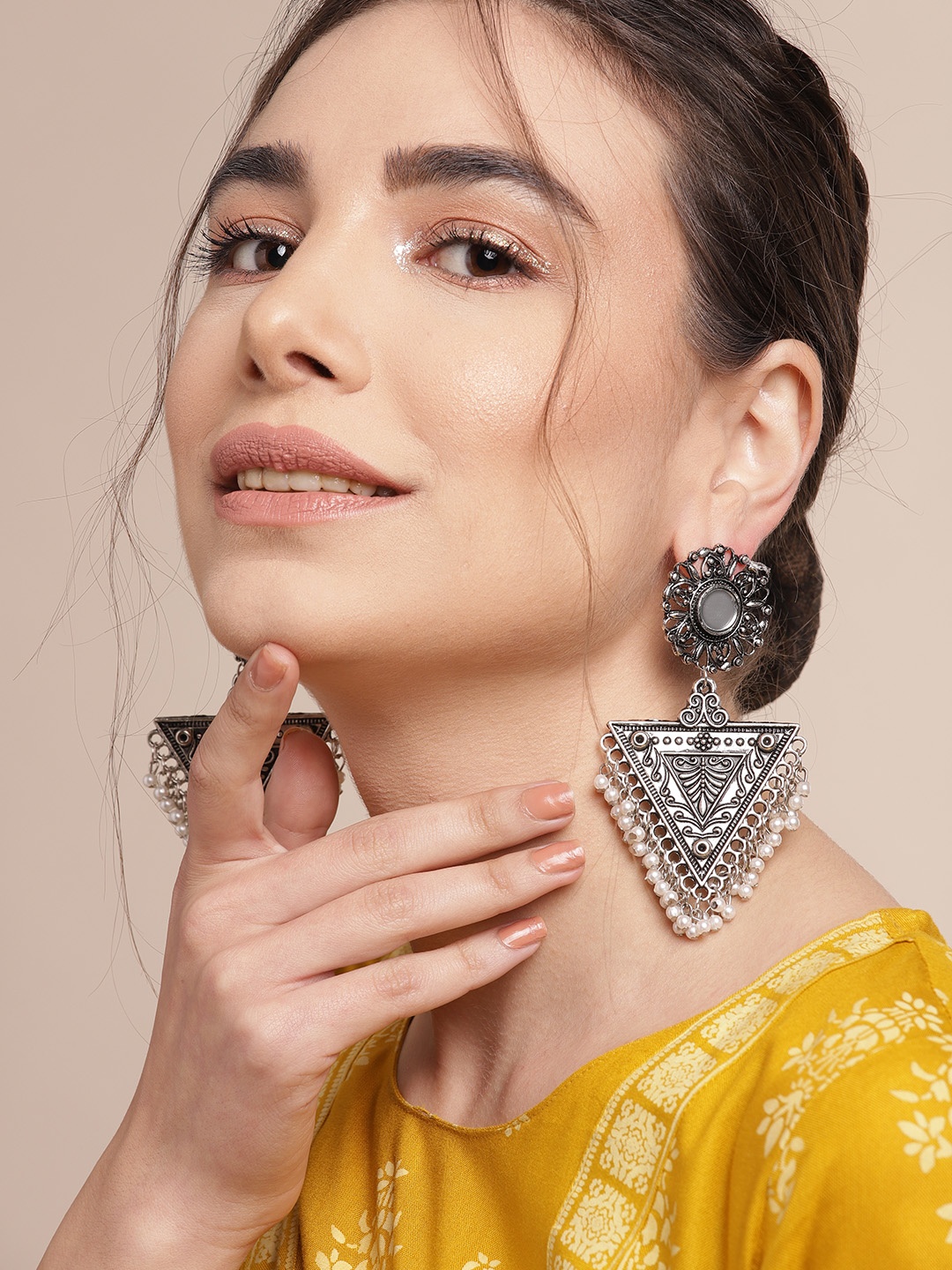 

Sangria Silver-Toned & Off White Oxidised Beaded Mirror Tribal Triangular Drop Earrings