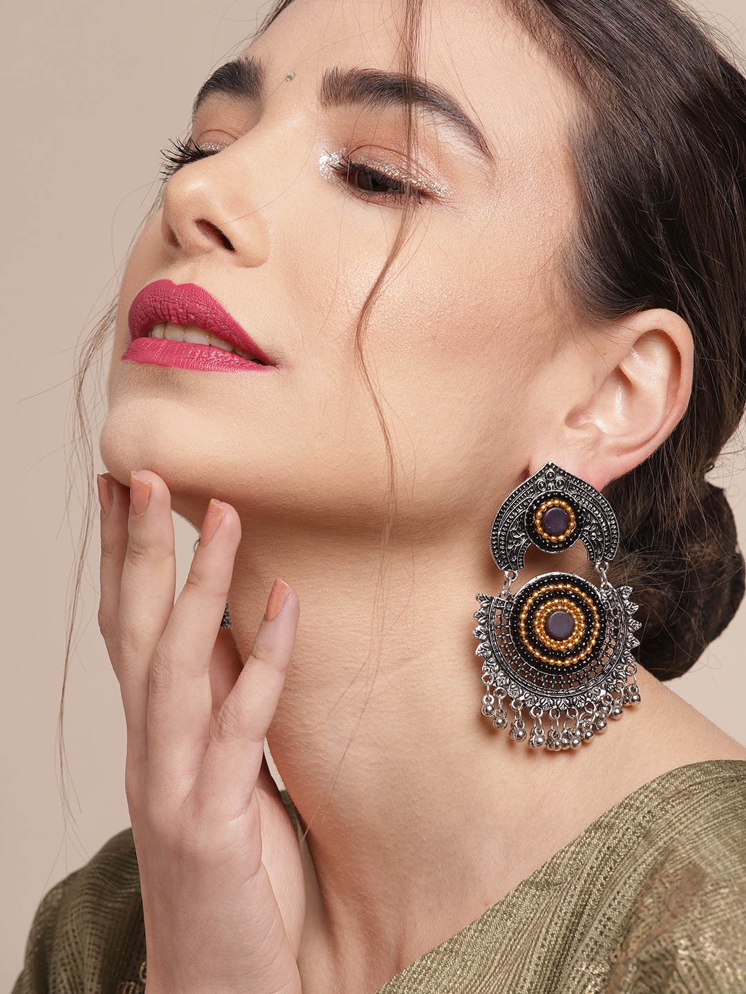 

Sangria Silver-Toned & Mustard Yellow Beaded Oxidised Classic Drop Earrings