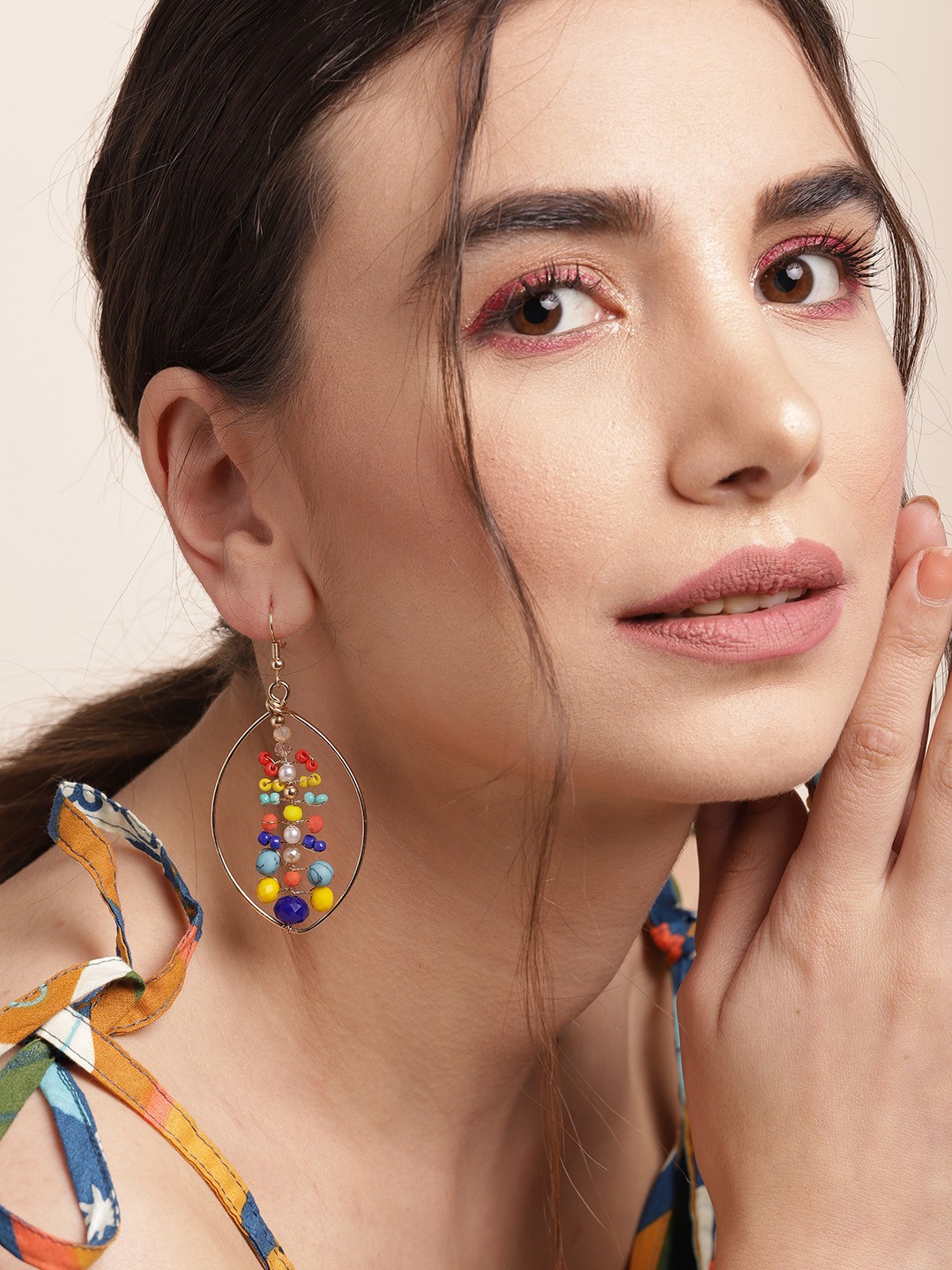 

Sangria Multicoloured Beaded Leaf Shaped Drop Earrings, Multi