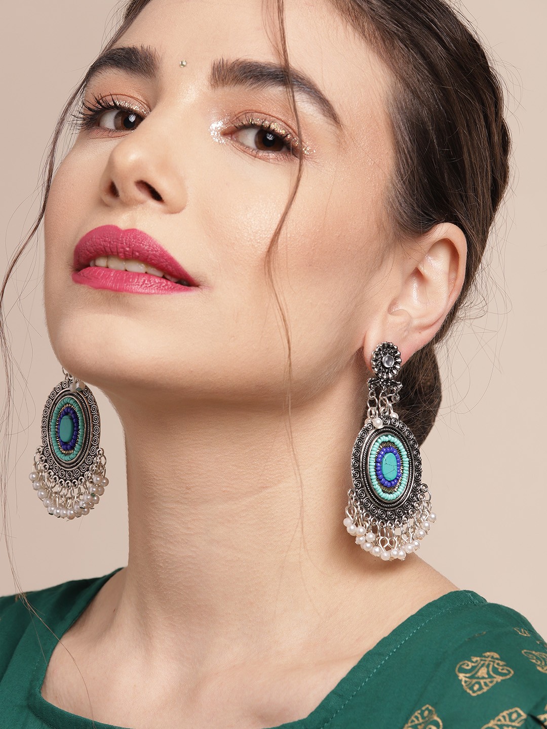

Sangria Oxidised Silver-Toned & Blue Stone Studded & Beaded Oval Drop Earrings