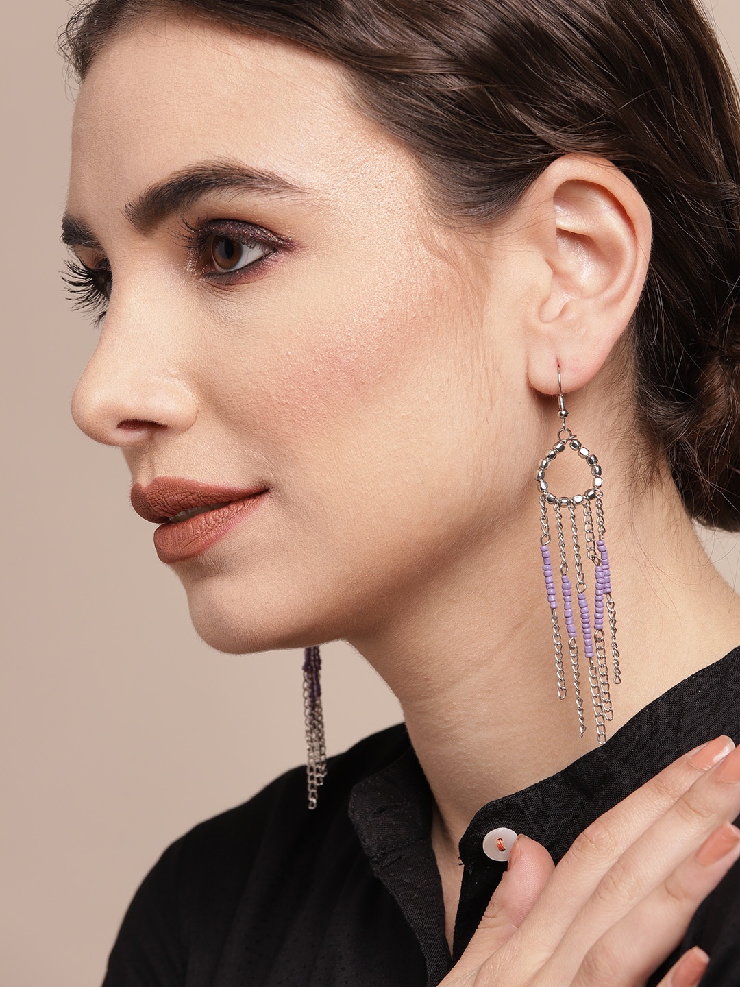 

Sangria Silver-Toned & Purple Beaded Tasseled Oval Drop Earrings