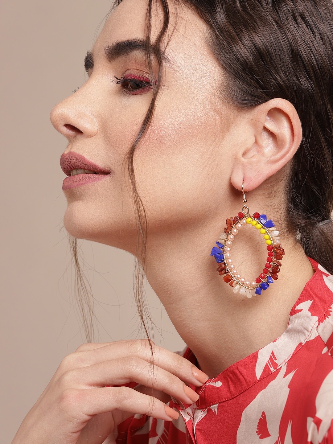 

Sangria Blue & Maroon Stone Studded & Beaded Geometric Drop Earrings