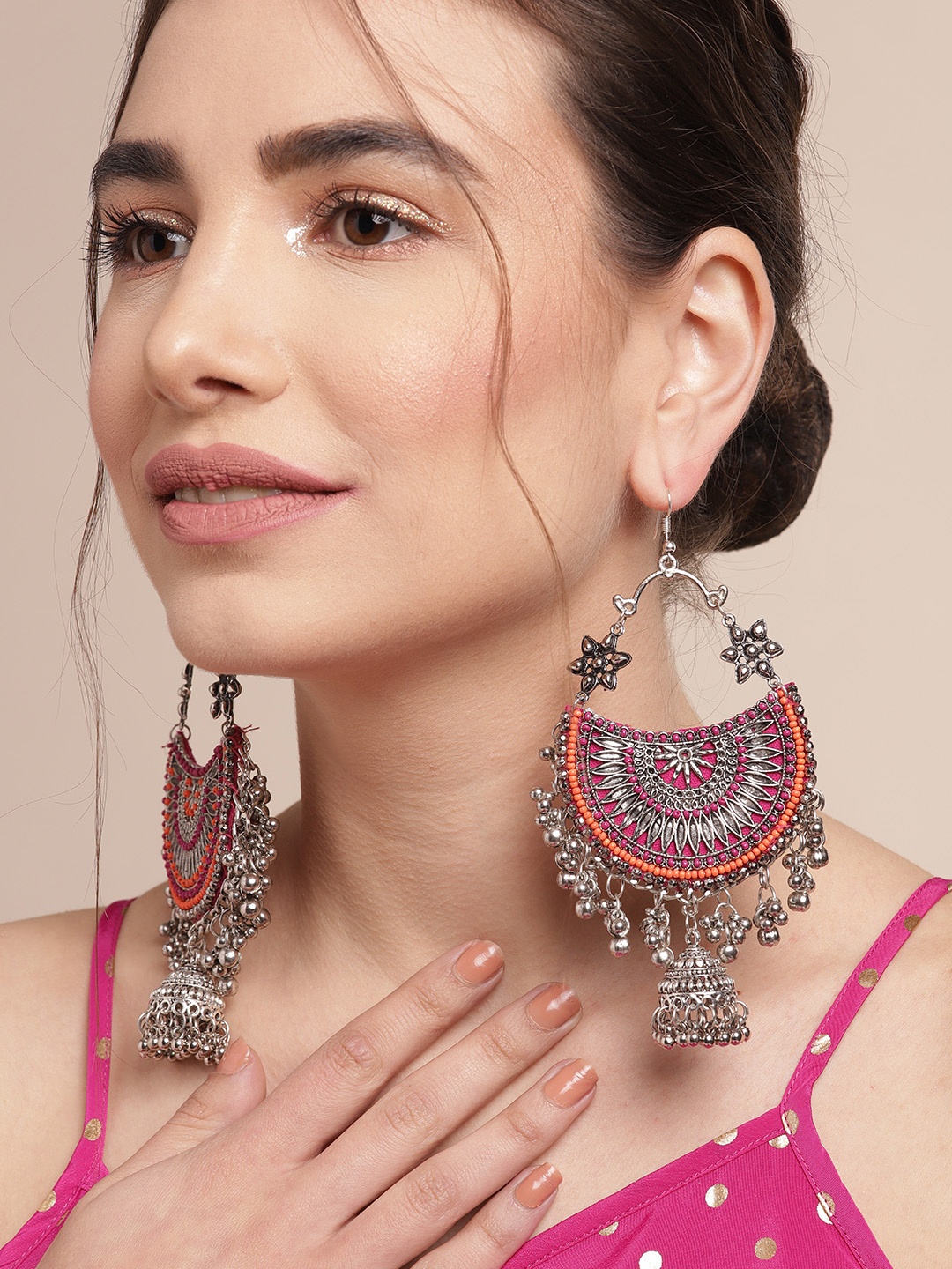 

Sangria Oxidised Silver-Toned & Orange Beaded Crescent Shaped Chandbalis