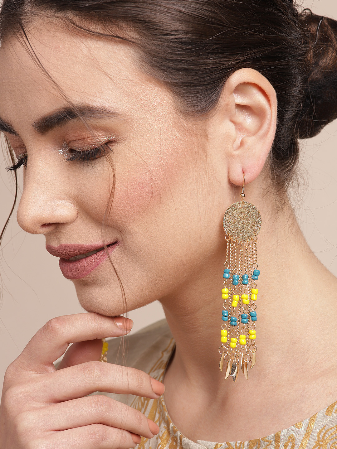 

Sangria Gold-Toned & Blue Beaded Circular Tasseled Drop Earrings