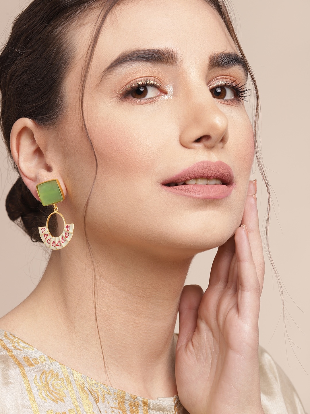 

Sangria Gold-Toned & Green Stone Studded Enamelled Geometric Drop Earrings