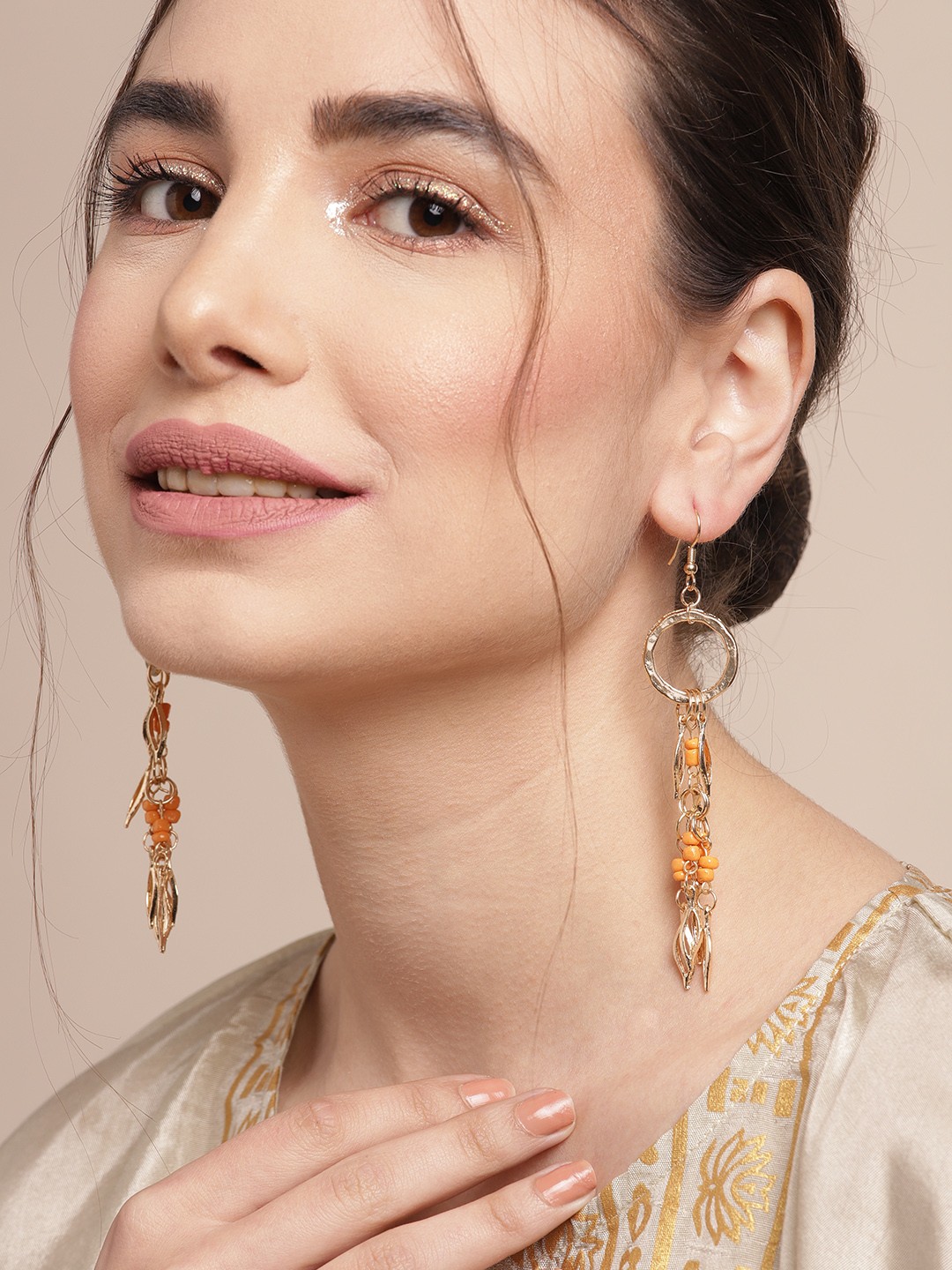 

Sangria Gold-Toned & Coral Orange Beaded Contemporary Drop Earrings