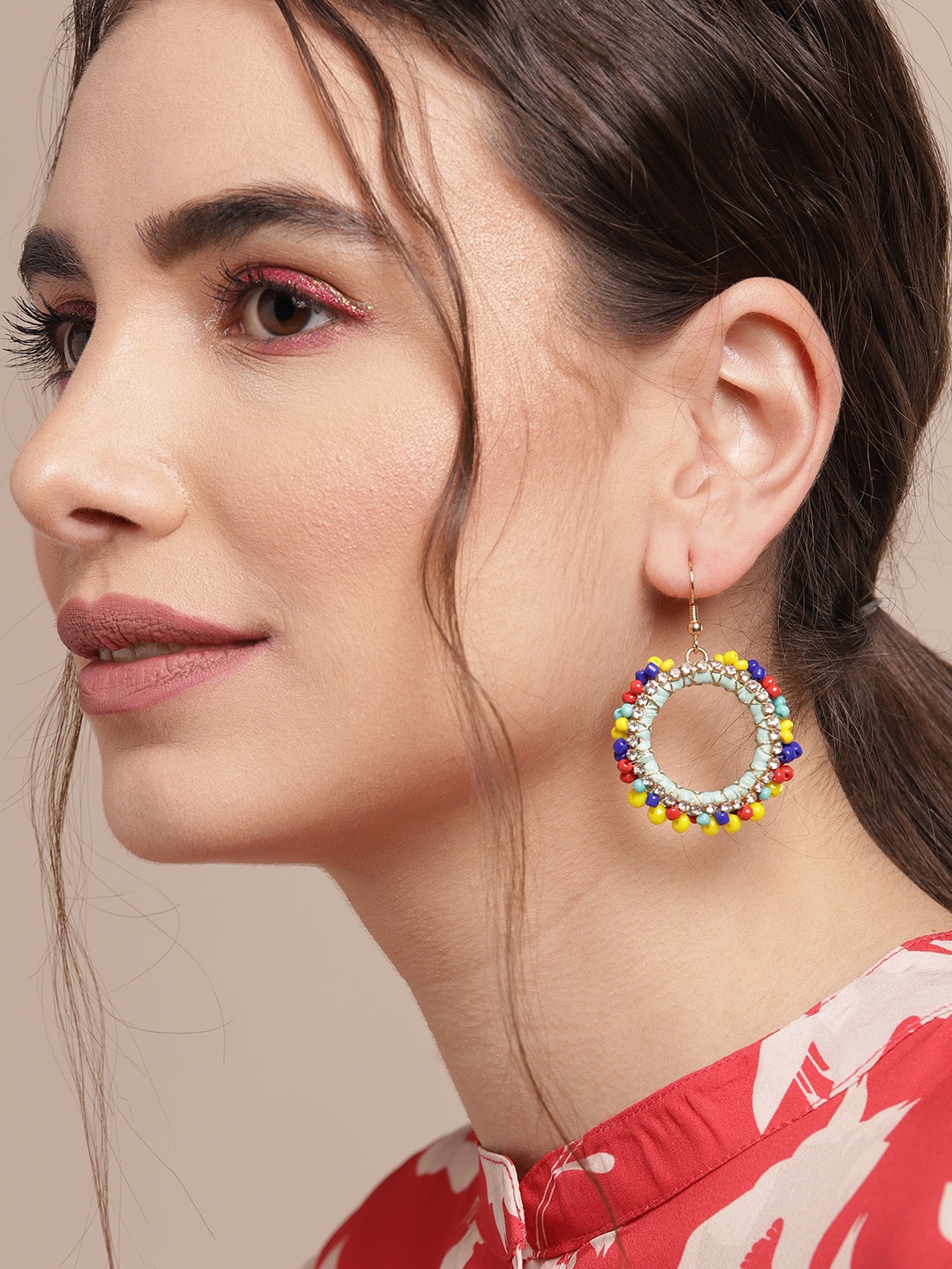 

Sangria Sea Green & Yellow Beaded Circular Drop Earrings