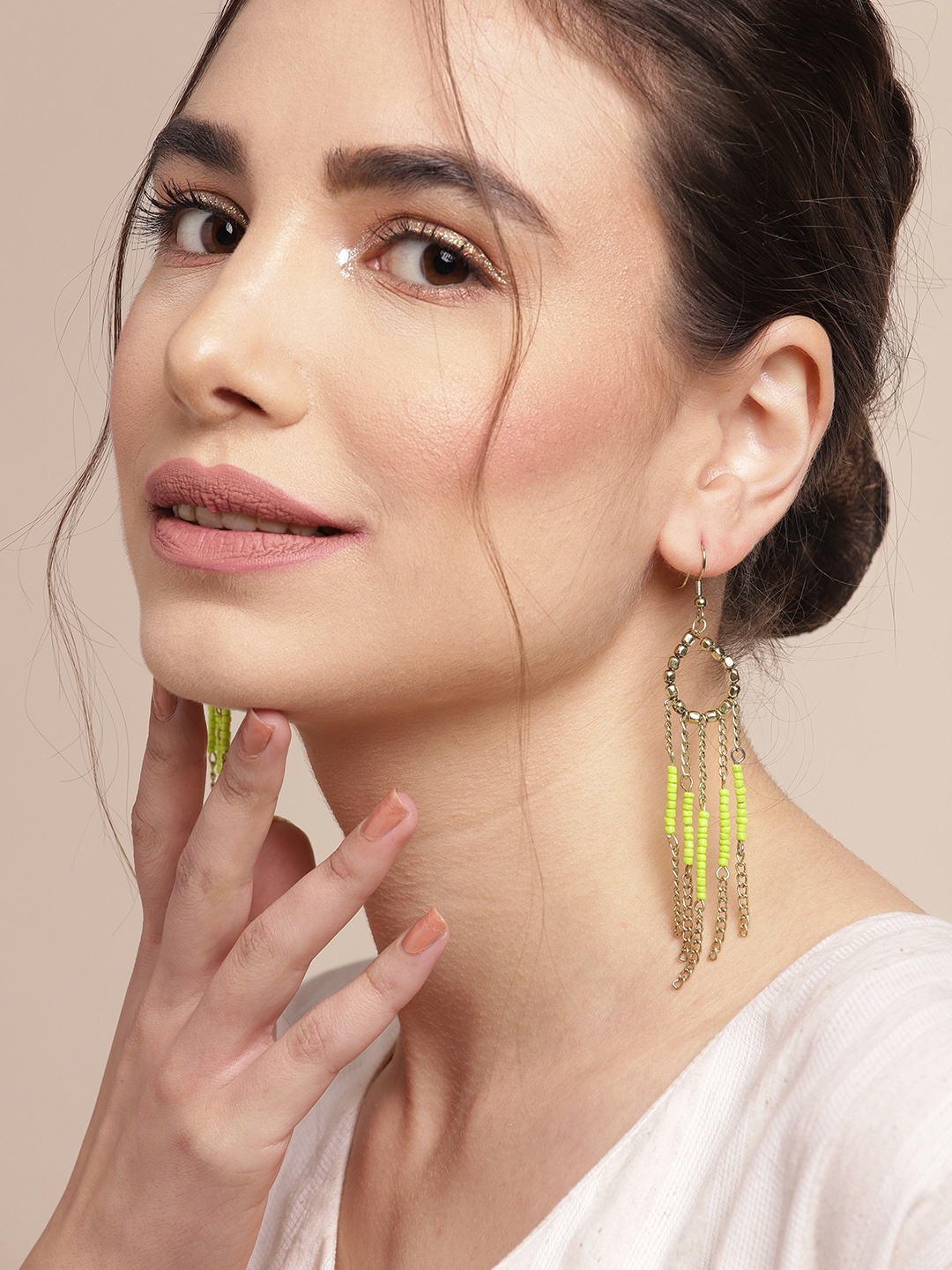 

Sangria Gold-Toned & Green Beaded Oval Tasseled Drop Earrings