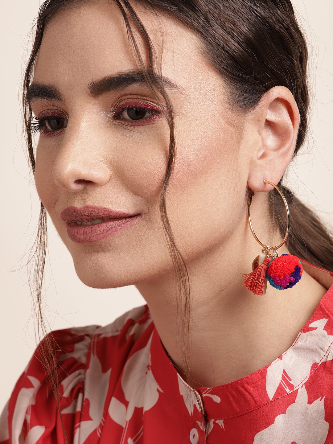

Sangria Gold-Toned & Navy Blue Circular Hoop Earrings with Pom-Pom & Tassles
