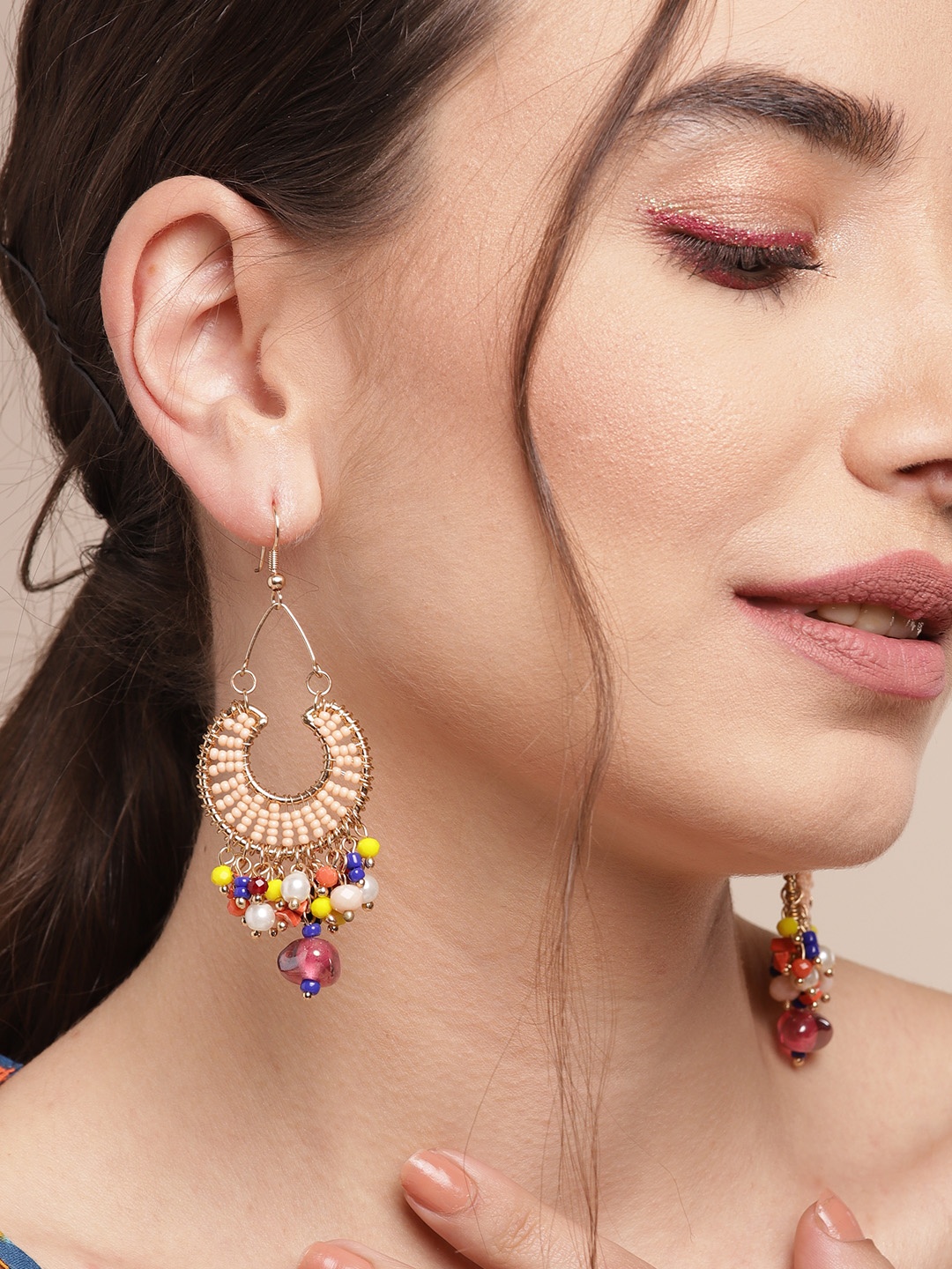 

Sangria Peach-Coloured & Gold-Toned Beaded Crescent Shaped Drop Earrings