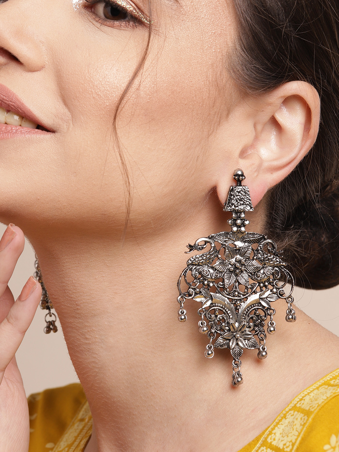 

Sangria Silver-Toned Oxidised Beaded Classic Drop Earrings