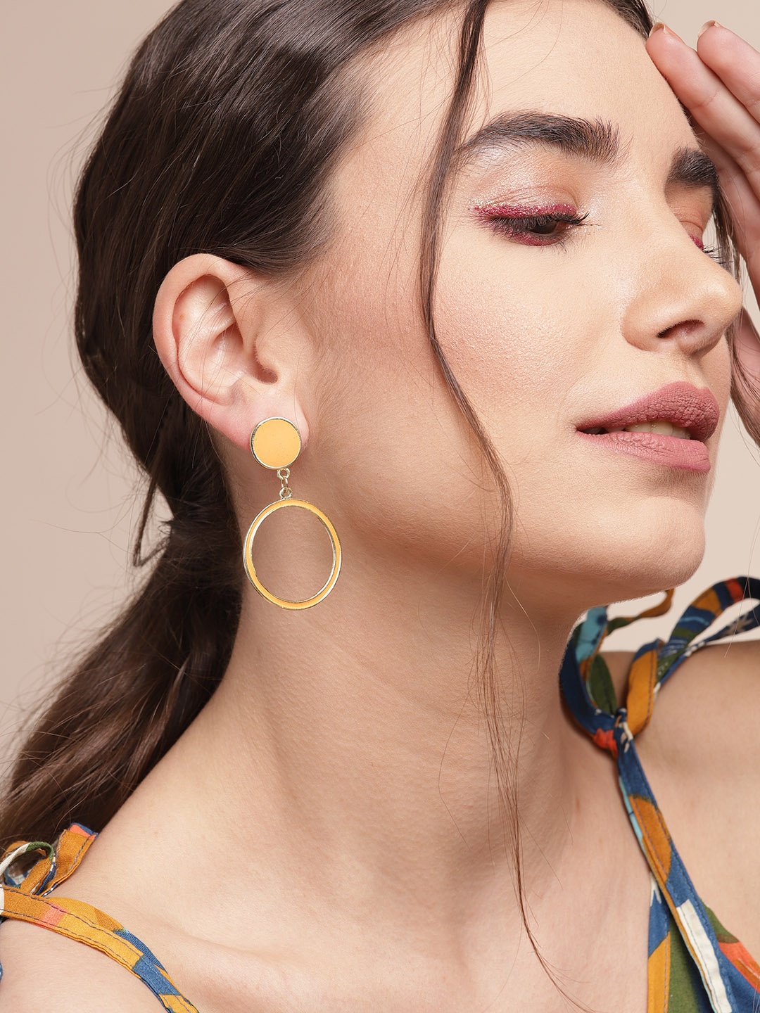 

Sangria Gold-Toned & Coral Orange Enamelled Circular Drop Earrings
