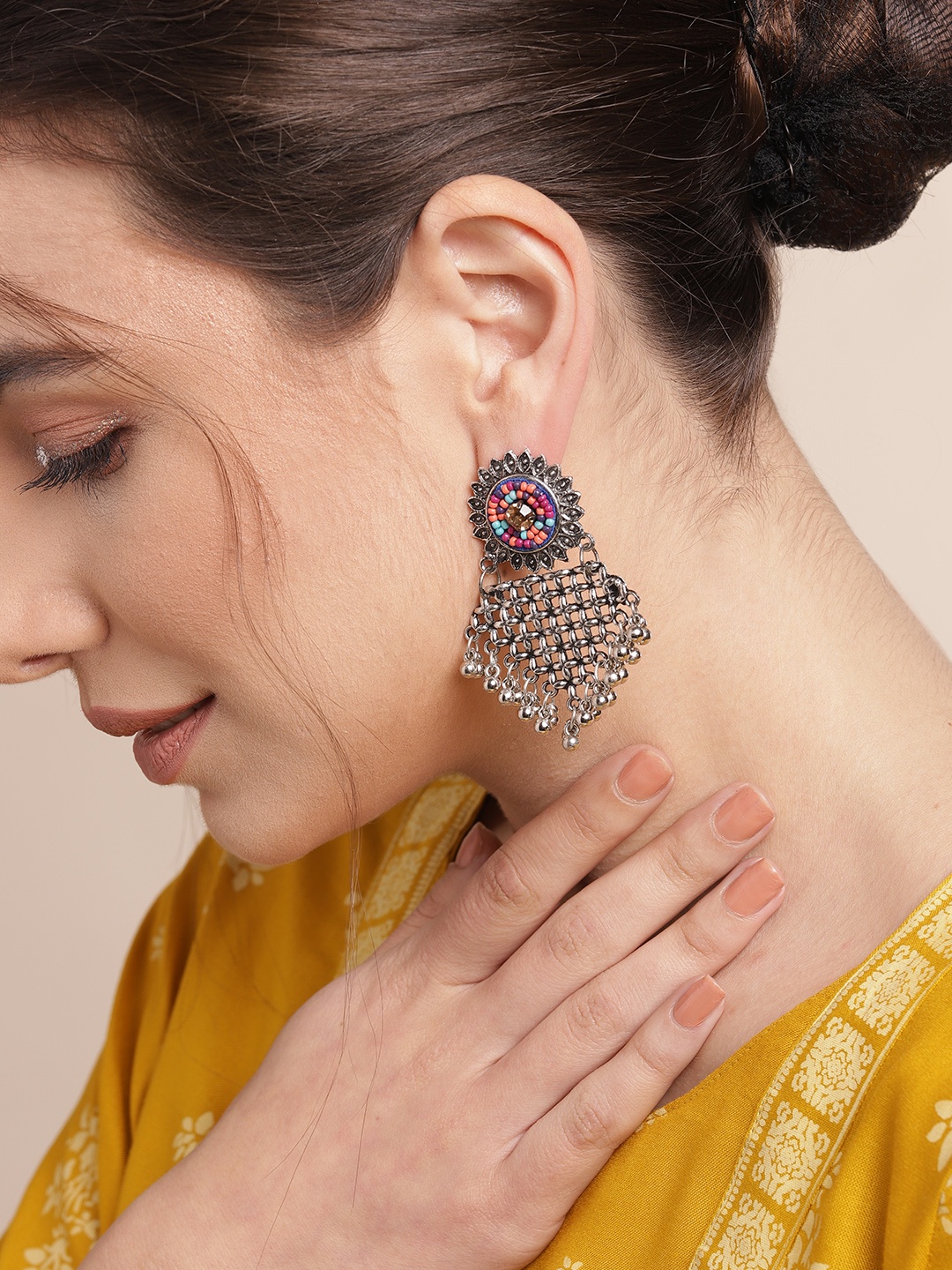 

Sangria Oxidised Silver-Toned & Orange Beaded Classic Drop Earrings