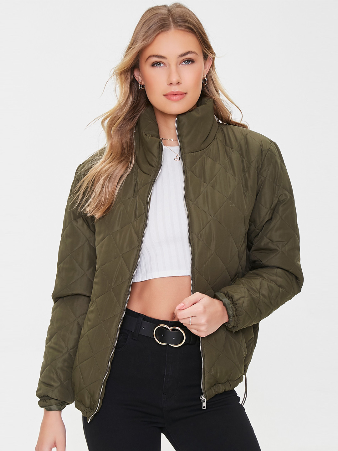 

FOREVER 21 Women Olive Green Quilted Zip-Up Jacket