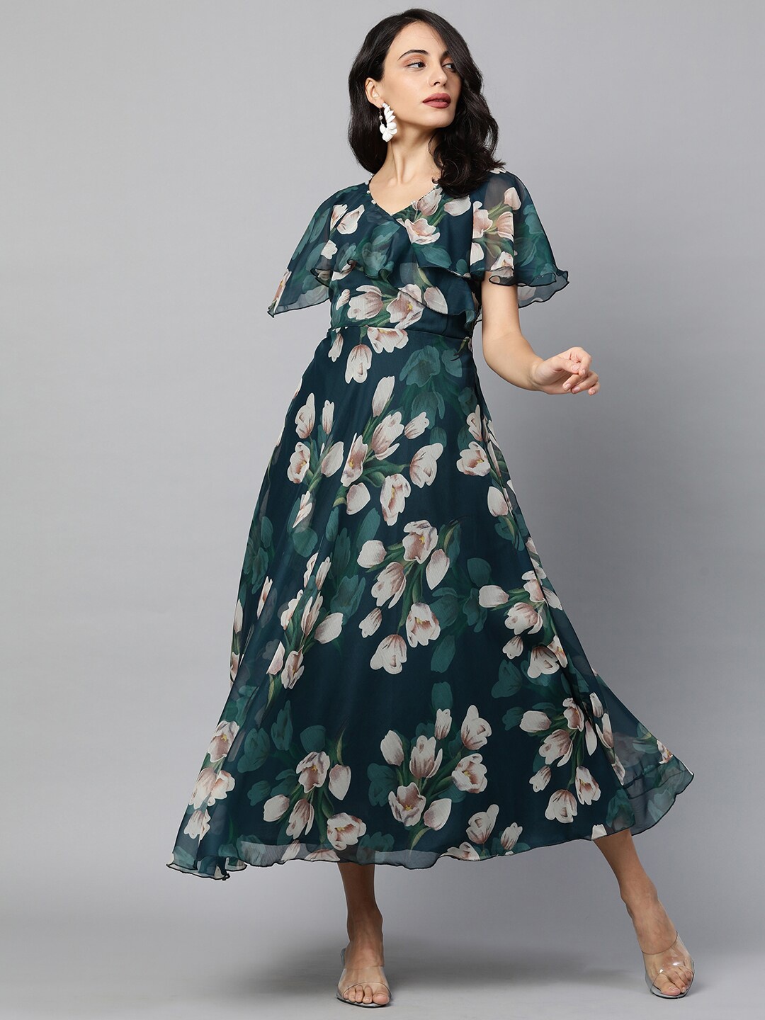 

FASHOR Teal & Beige Floral Layered Chiffon Dress with 2 Ply Mask