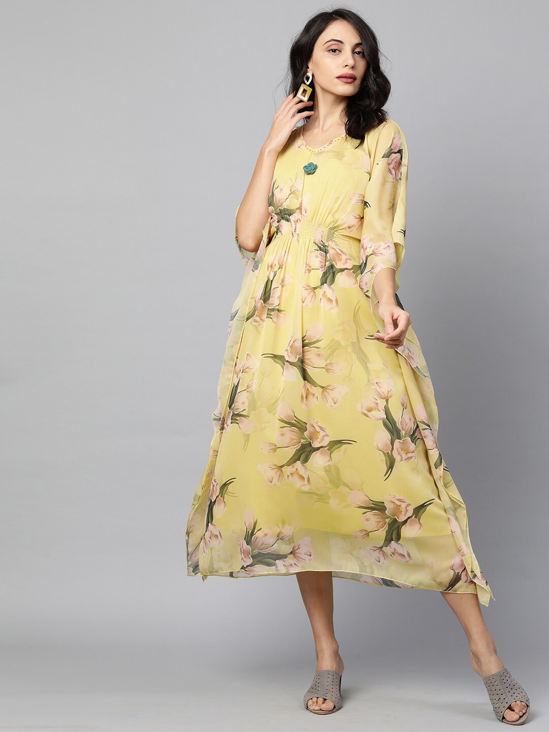 

FASHOR Yellow Floral Layered Chiffon A-Line Maxi Dress