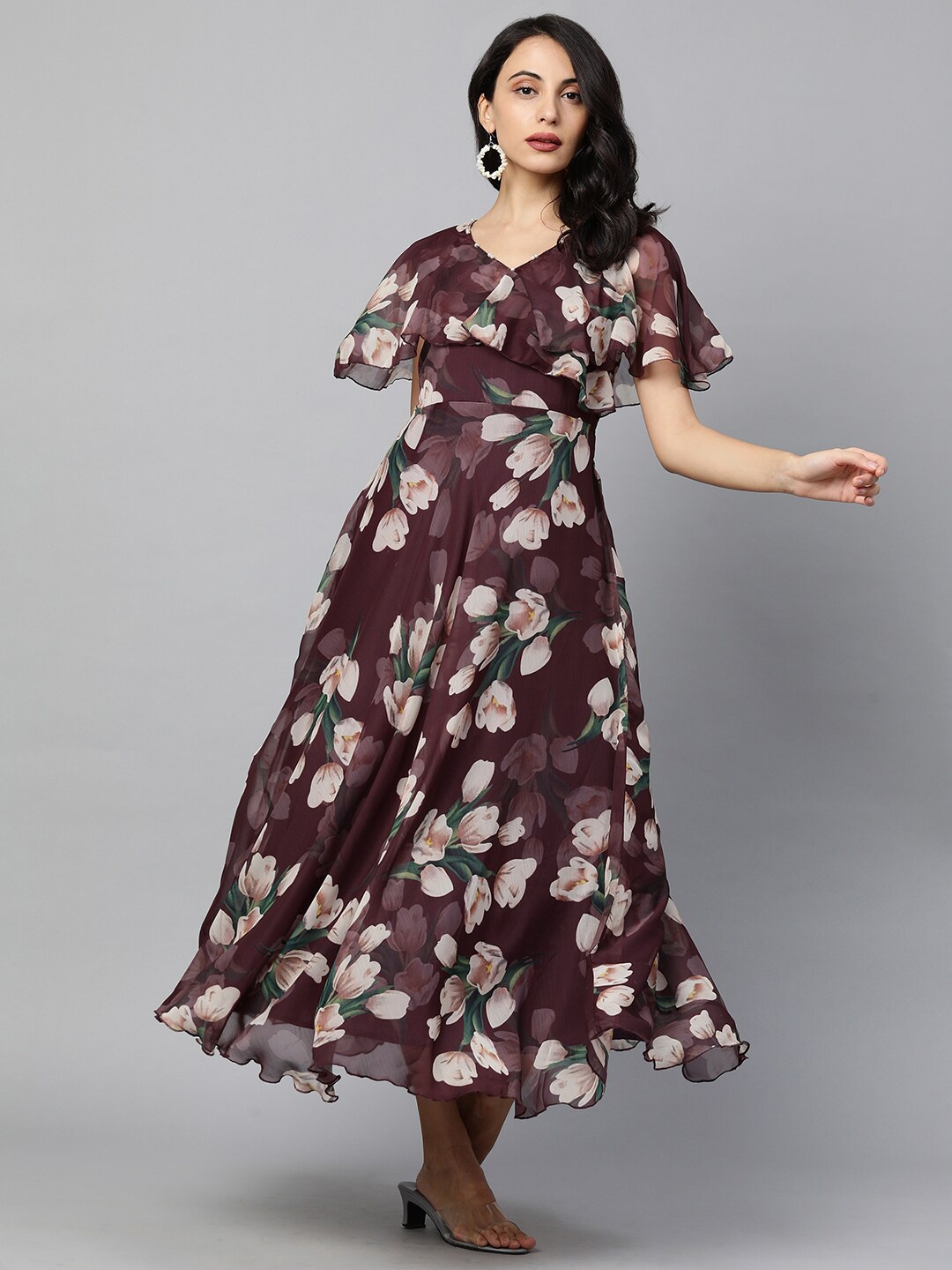 

FASHOR Burgundy Floral Chiffon Maxi Dress with Mask
