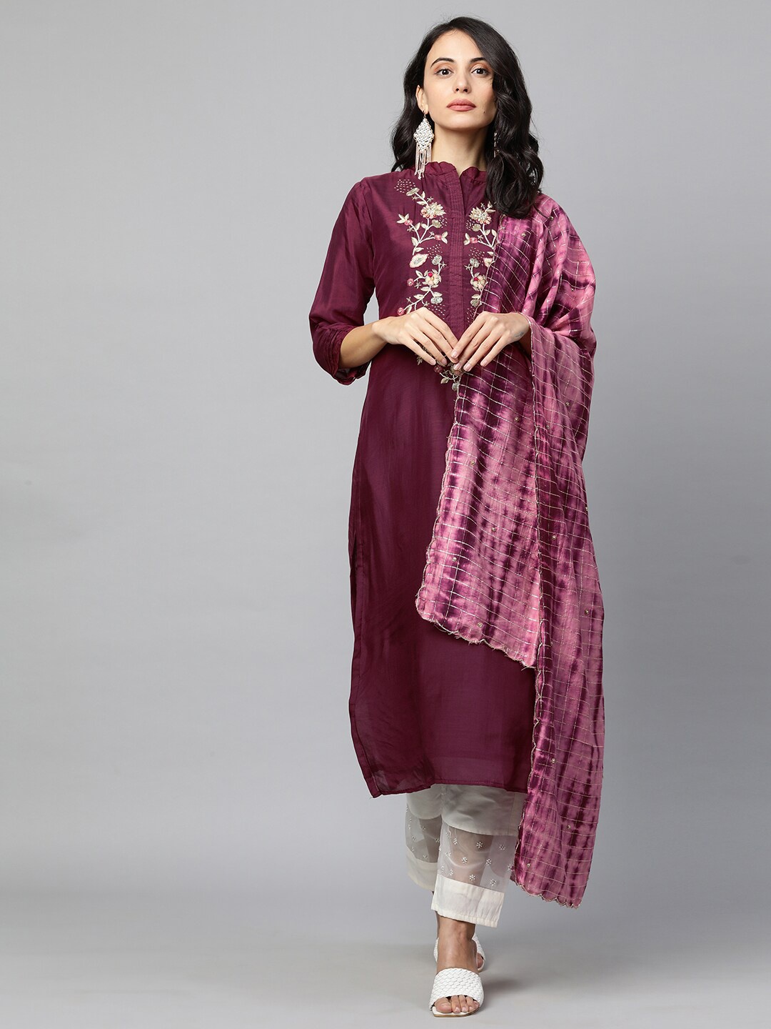 

FASHOR Women Burgundy Floral Embroidered Kurta with Dupatta