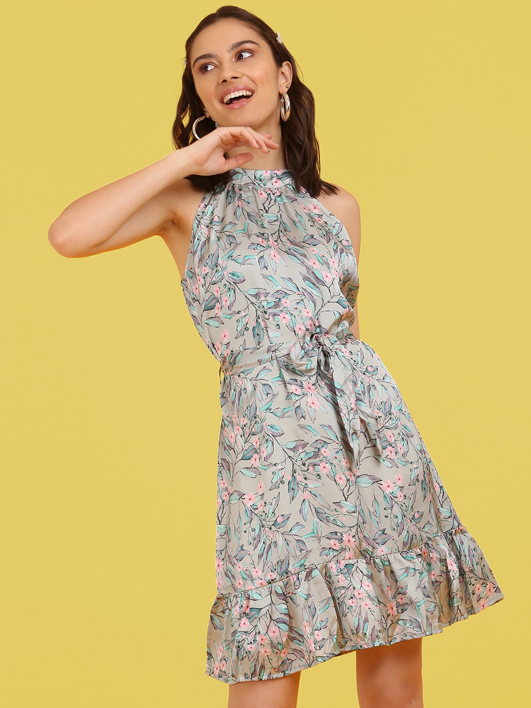

Flying Machine Grey Floral Halter Neck A-Line Dress