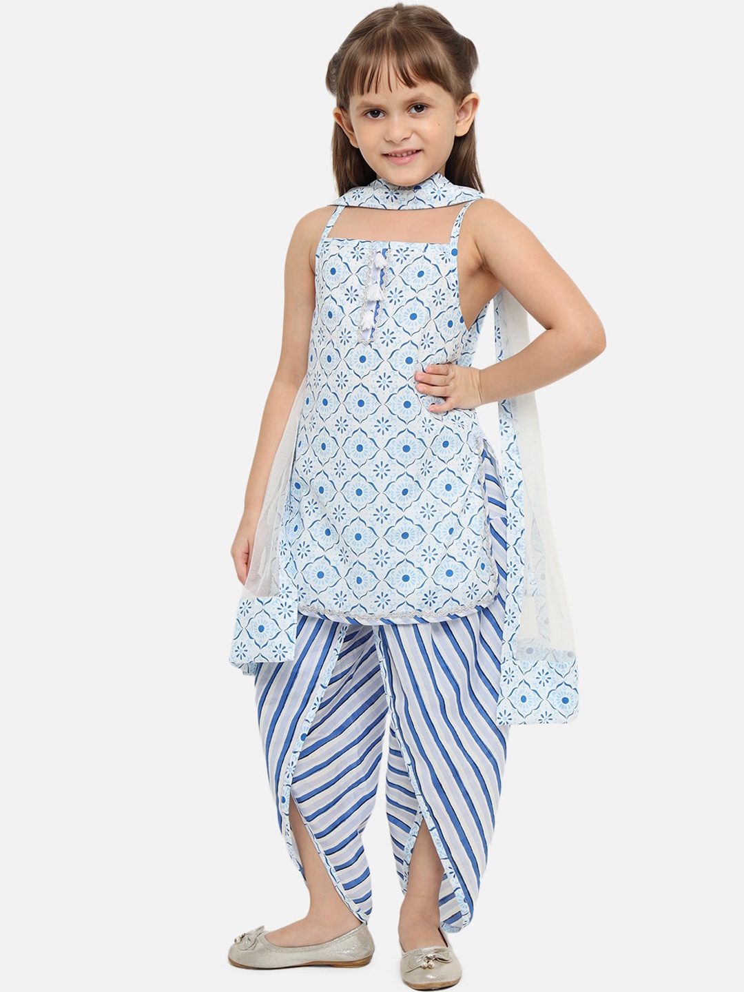 

Nauti Nati Girls Blue Ethnic Motifs Regular Pure Cotton Kurti with Dhoti Pants & Dupatta