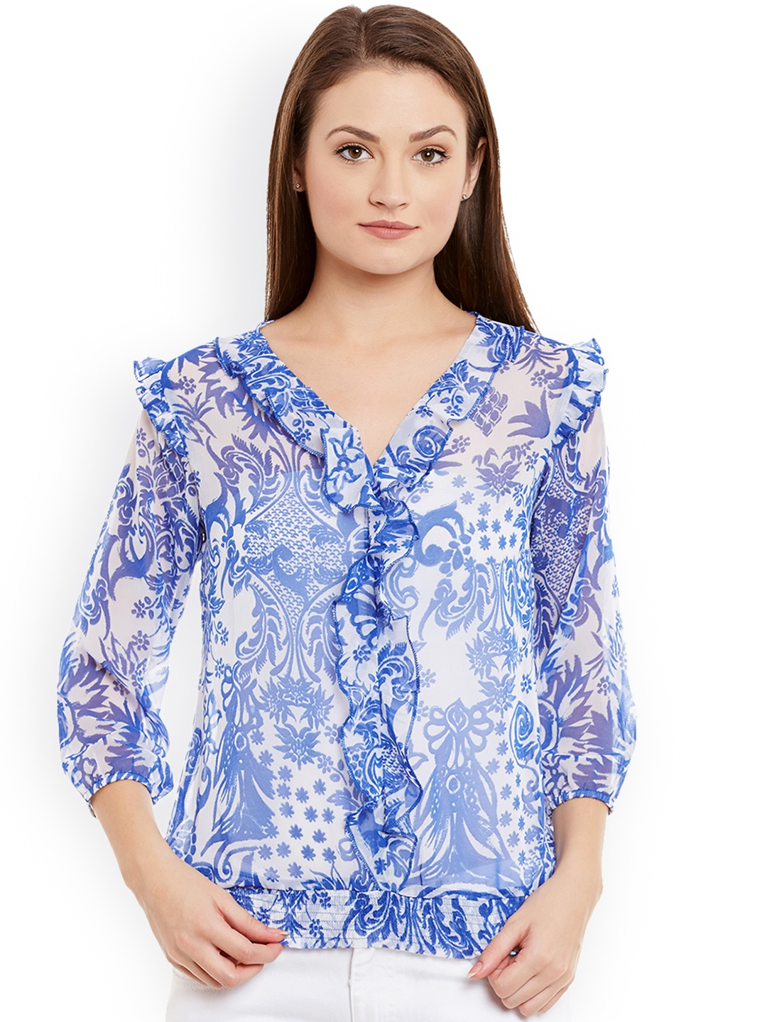 

WISSTLER Women White & Blue Printed Blouson Top