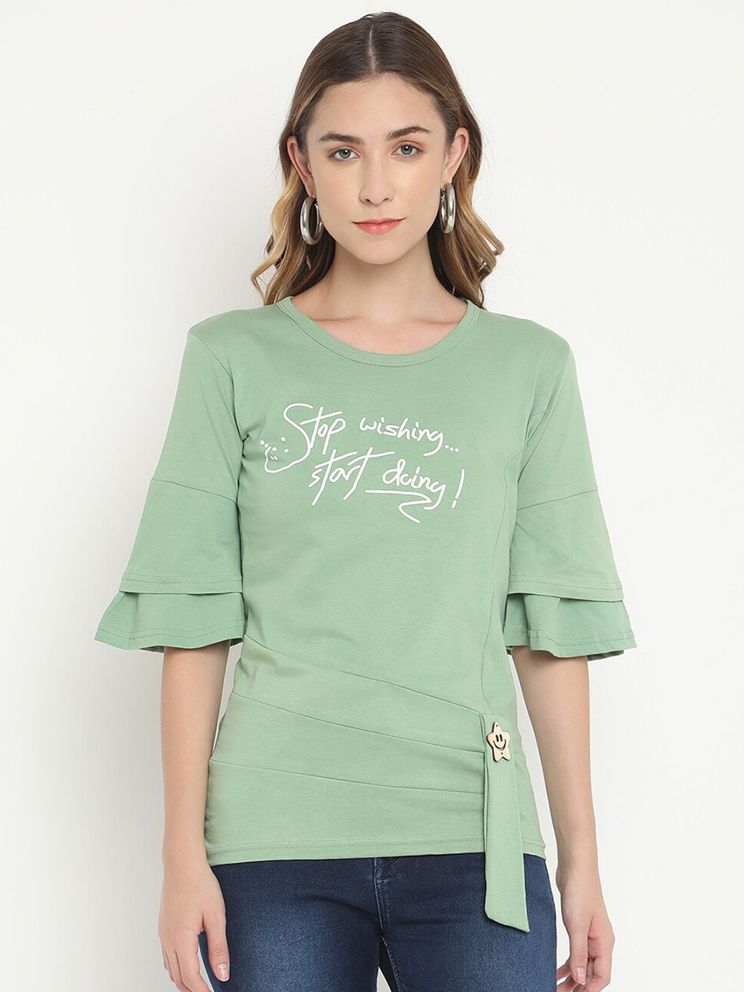 

V2 Value & Variety Olive Green Printed Pure Cotton Regular Top