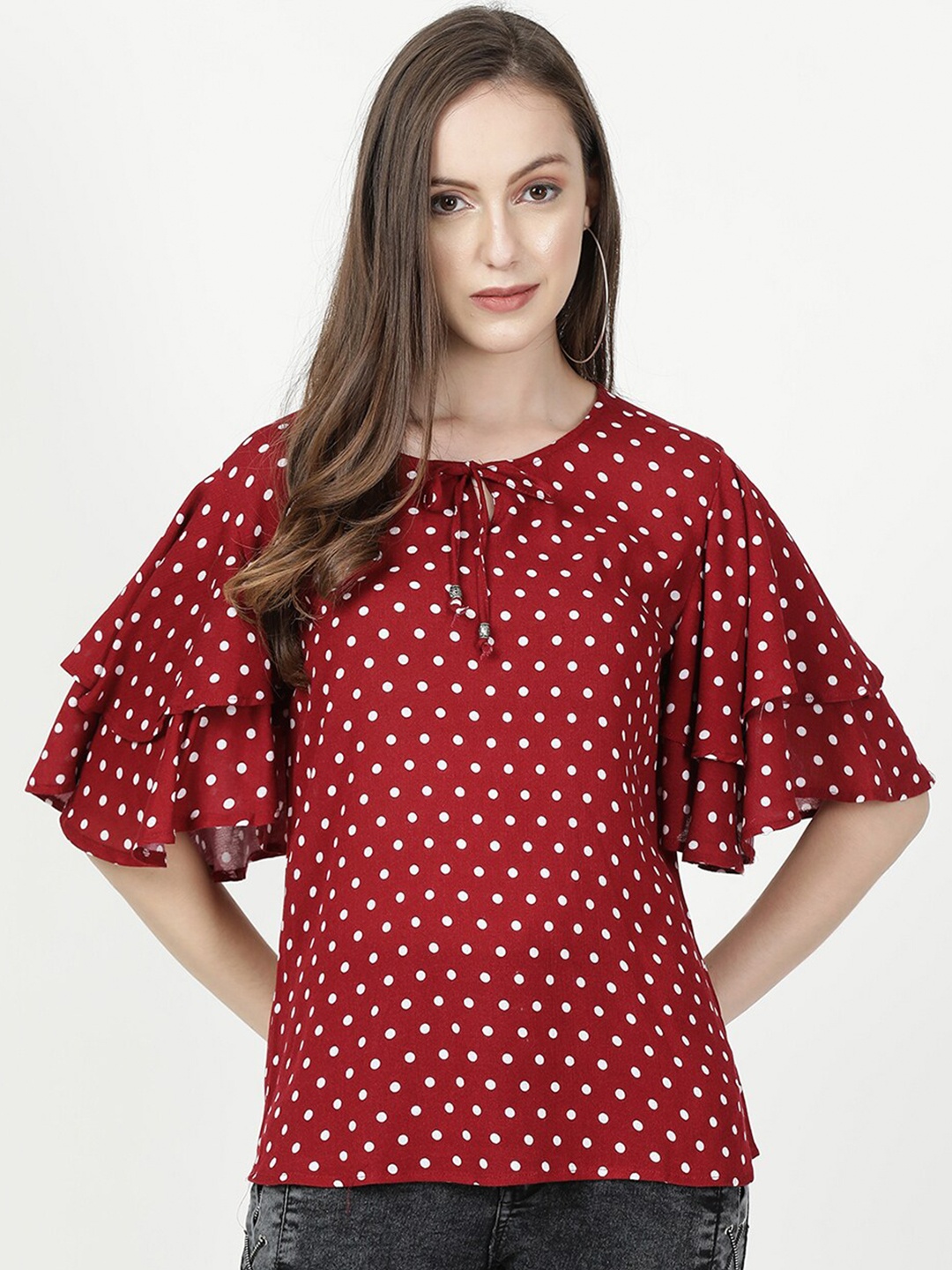 

V2 Value & Variety Maroon & White Polka Dot Printed Top