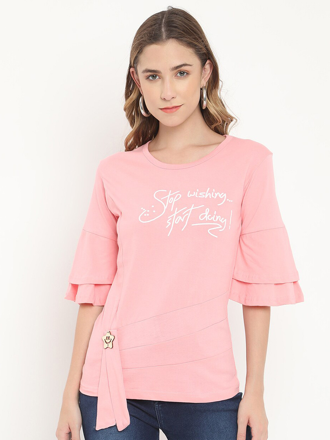 

V2 Value & Variety Peach-Coloured Typography Printed Pure Cotton Regular Top