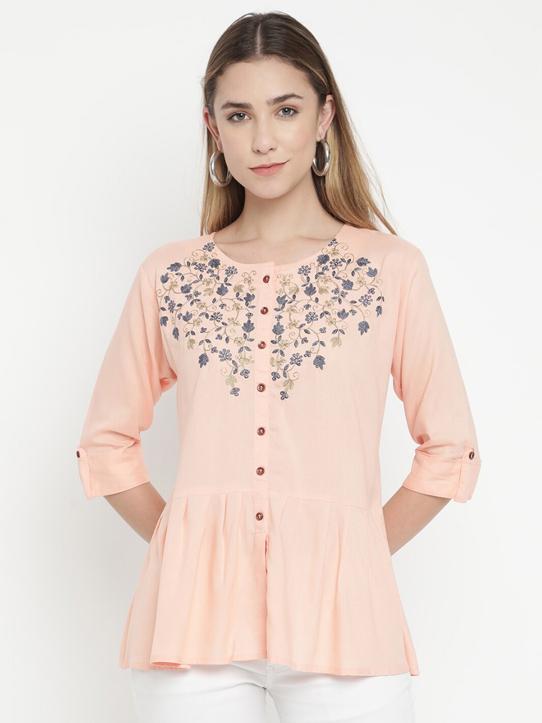 

V2 Value & Variety Peach-Coloured Floral Embroidered Peplum Top