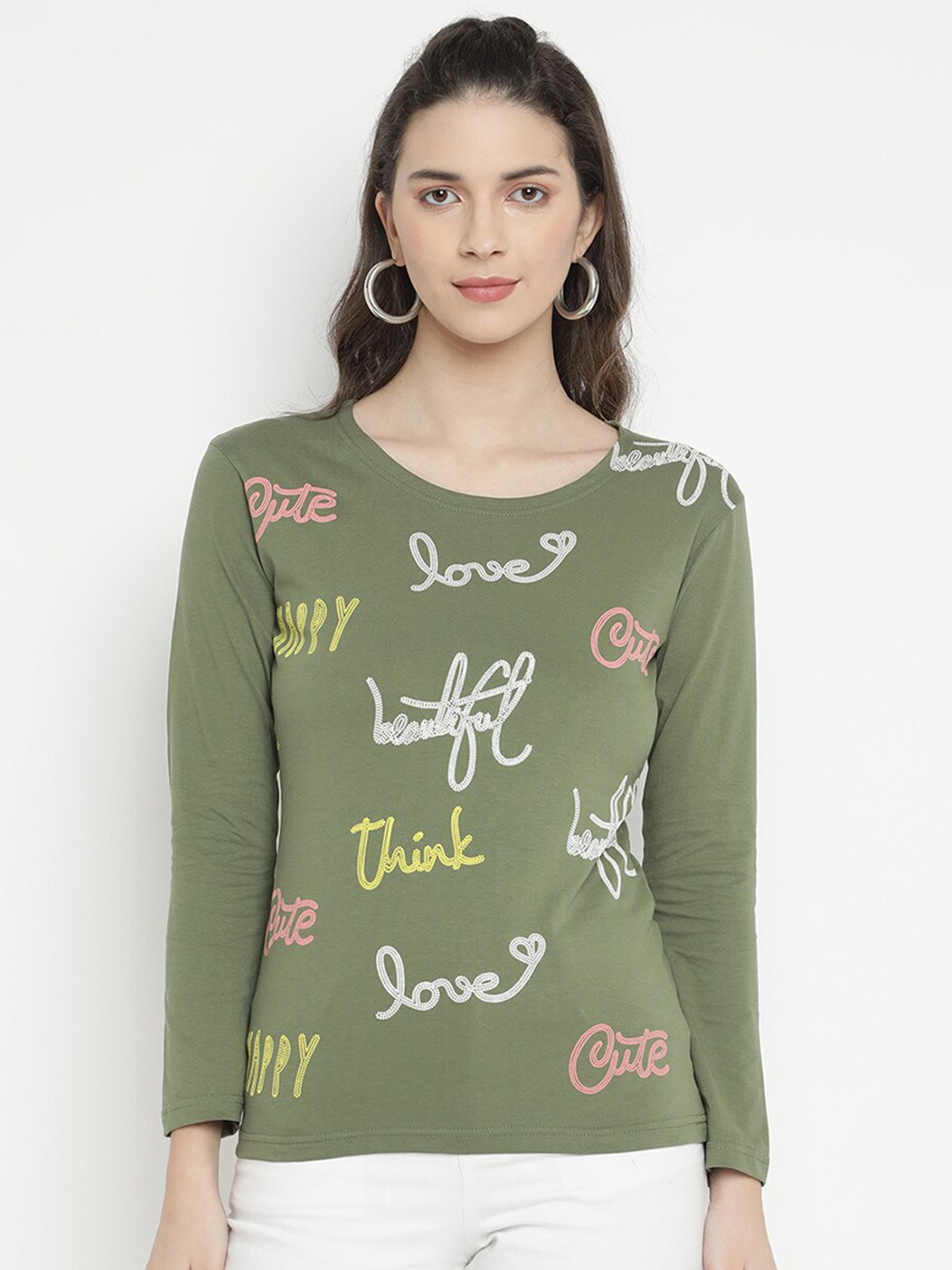 

V2 Value & Variety Olive Green Pure Cotton Regular Top