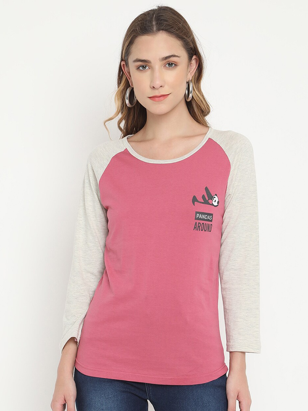 

V2 Value & Variety Pink & Grey Printed Pure Cotton Regular Top