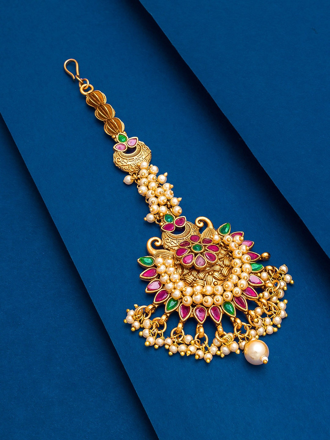 

aadita Women Gold Plated Red & Green Stone Maang Tikka