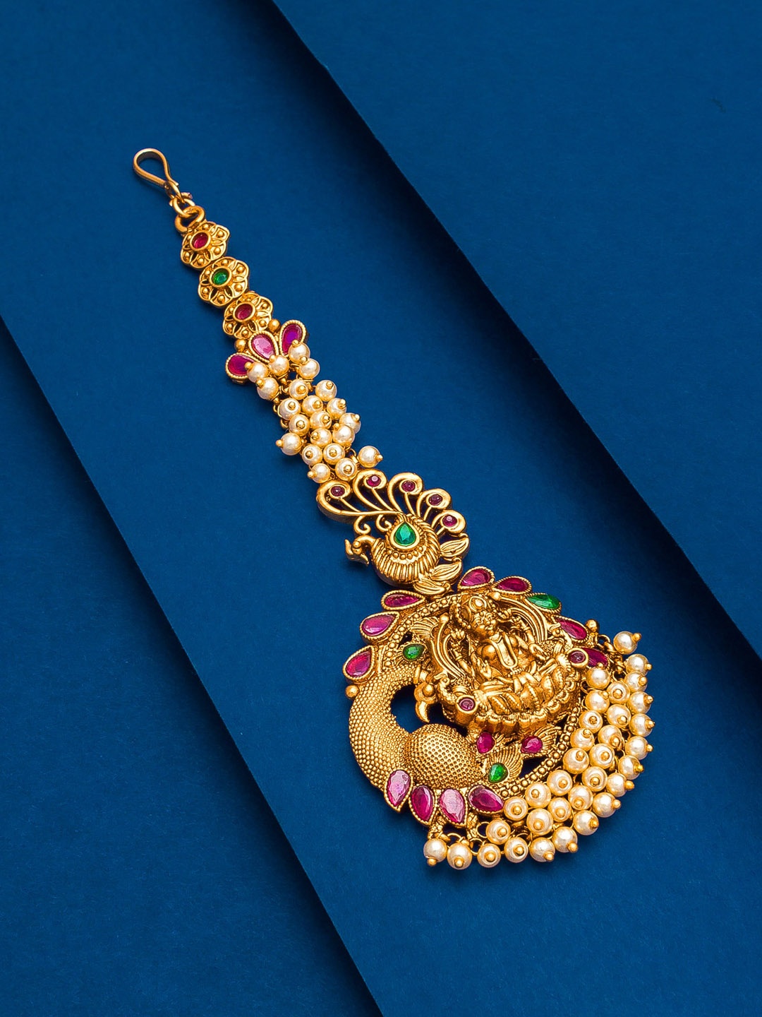 

aadita Gold-Toned & Pink Kundan-Studded & Peals Beaded Peacock Shaped Maang Tikka