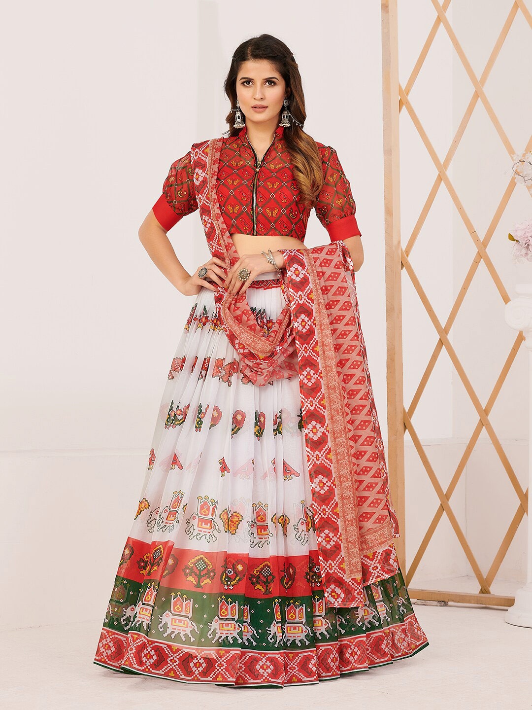 

SHOPGARB Red & White Printed Kalamkari Semi-Stitched Lehenga & Unstitched Blouse With Dupatta