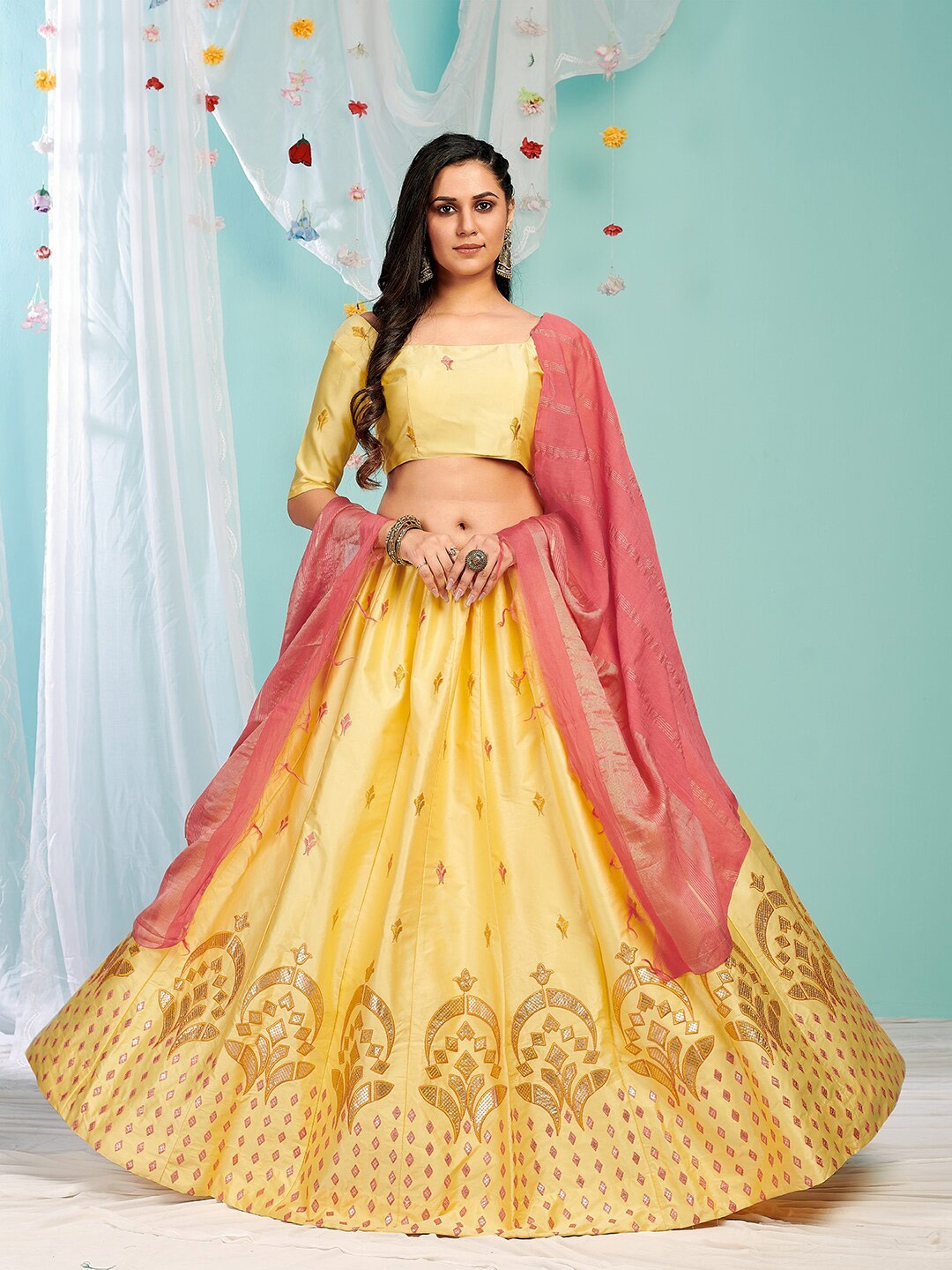 

SHOPGARB Women Yellow & Pink Embroidered Semi-Stitched Lehenga & Blouse With Dupatta