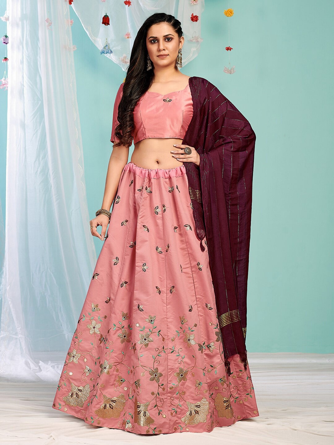 

SHOPGARB Pink & Brown Embroidered Semi-Stitched Lehenga & Unstitched Blouse With Dupatta