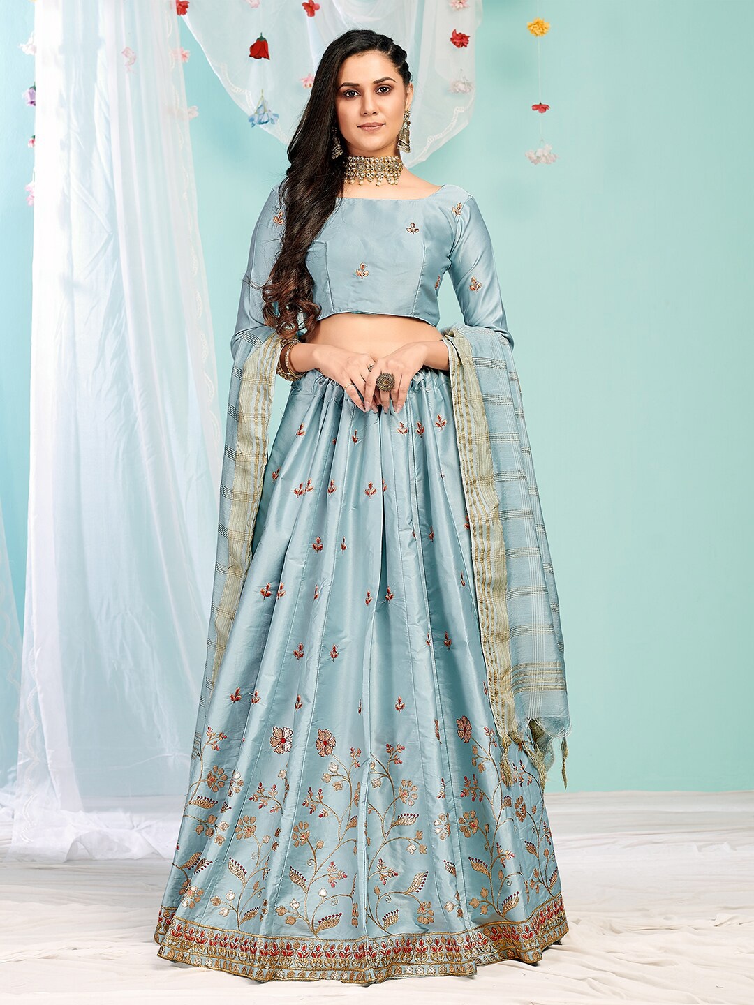 

SHOPGARB Turquoise Blue Embroidered Semi-Stitched Lehenga & Unstitched Blouse With Dupatta