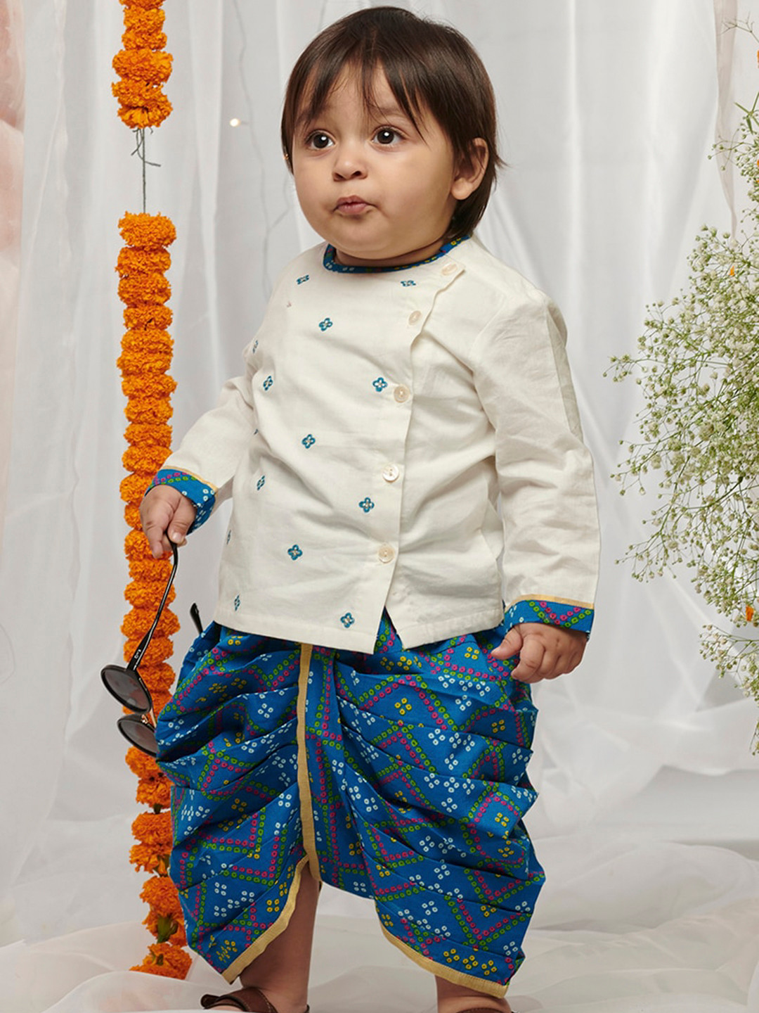 

Tiber Taber Boys Blue Printed Angrakha Pure Cotton Kurta with Dhoti Pants