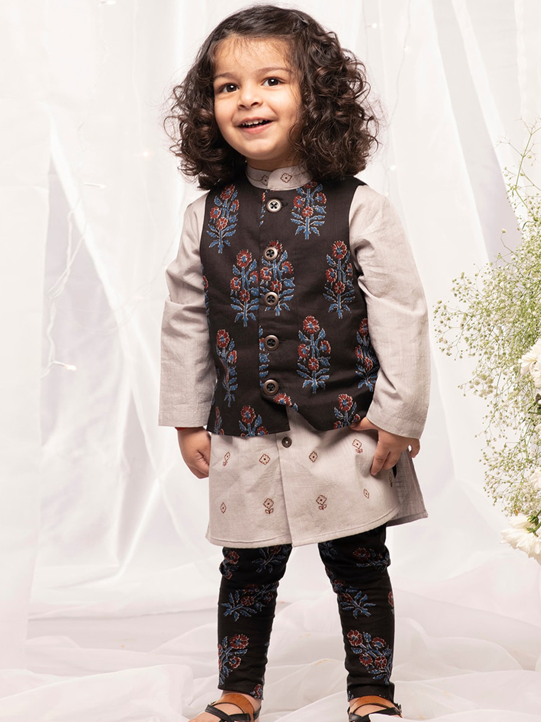

Tiber Taber Boys Beige Regular Pure Cotton Kurta with Trousers & Nehru Jacket