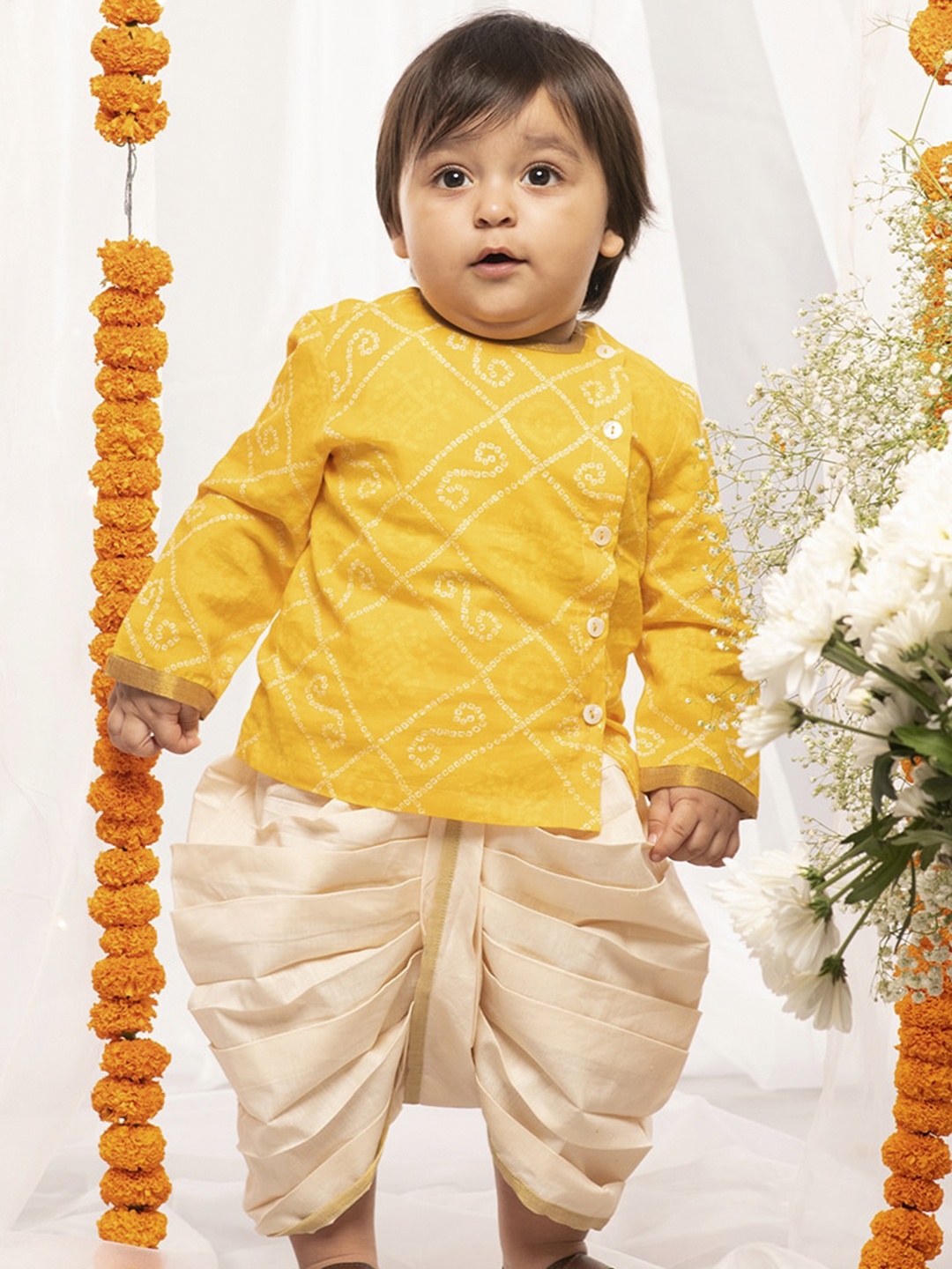 

Tiber Taber Boys Yellow & Cream-Coloured Printed Pure Cotton Kurta with Dhoti Pants