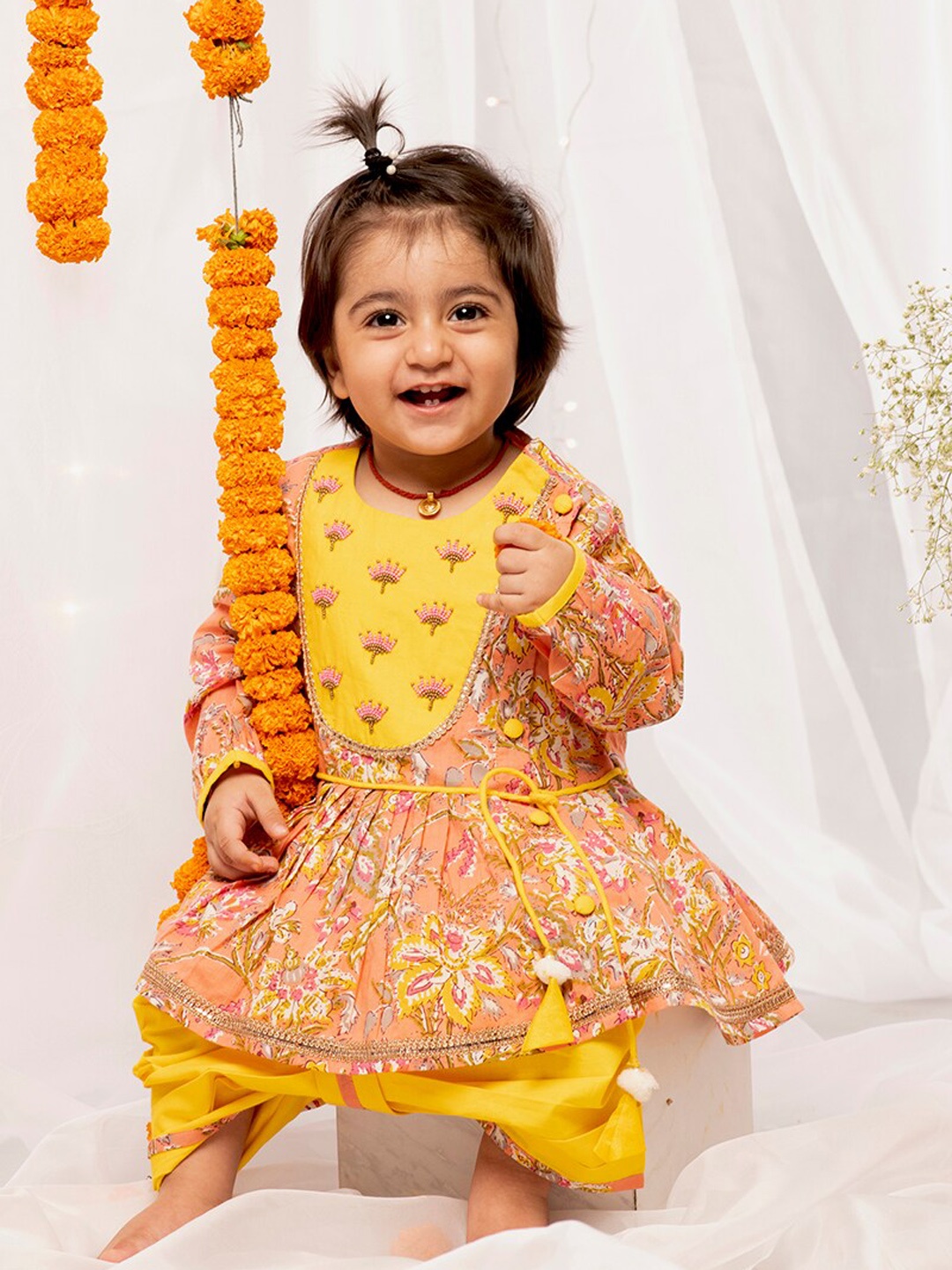 

Tiber Taber Girls Peach & Yellow Printed Pure Cotton Kurta with Dhoti Pants