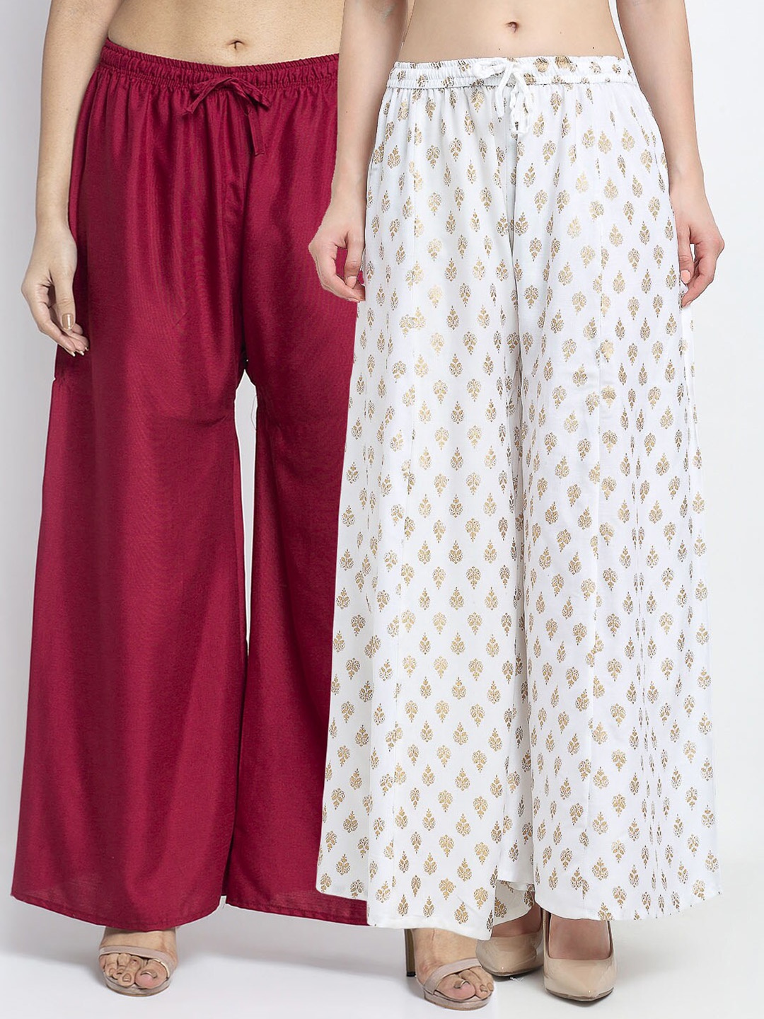 

GRACIT Women Set of 2 Maroon & White Ethnic Motifs Printed Flared Knitted Palazzos