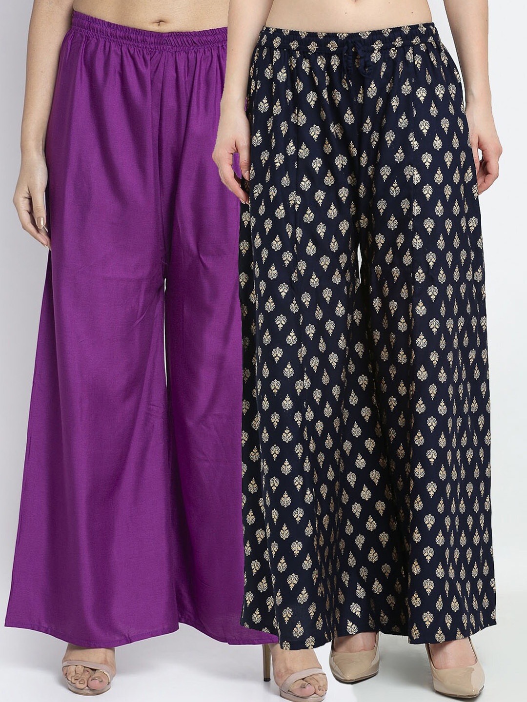 

GRACIT Women Pack Of 2 Purple & Navy Blue Printed Flared Knitted Ethnic Palazzos