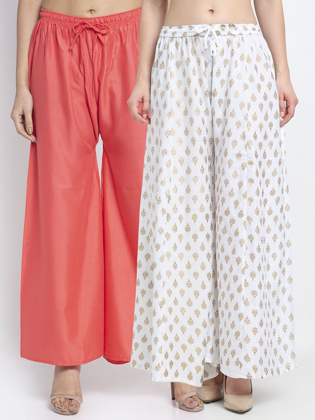 

GRACIT Women Pack Of 2 Peach-Coloured & White Printed Knitted Ethnic Palazzos