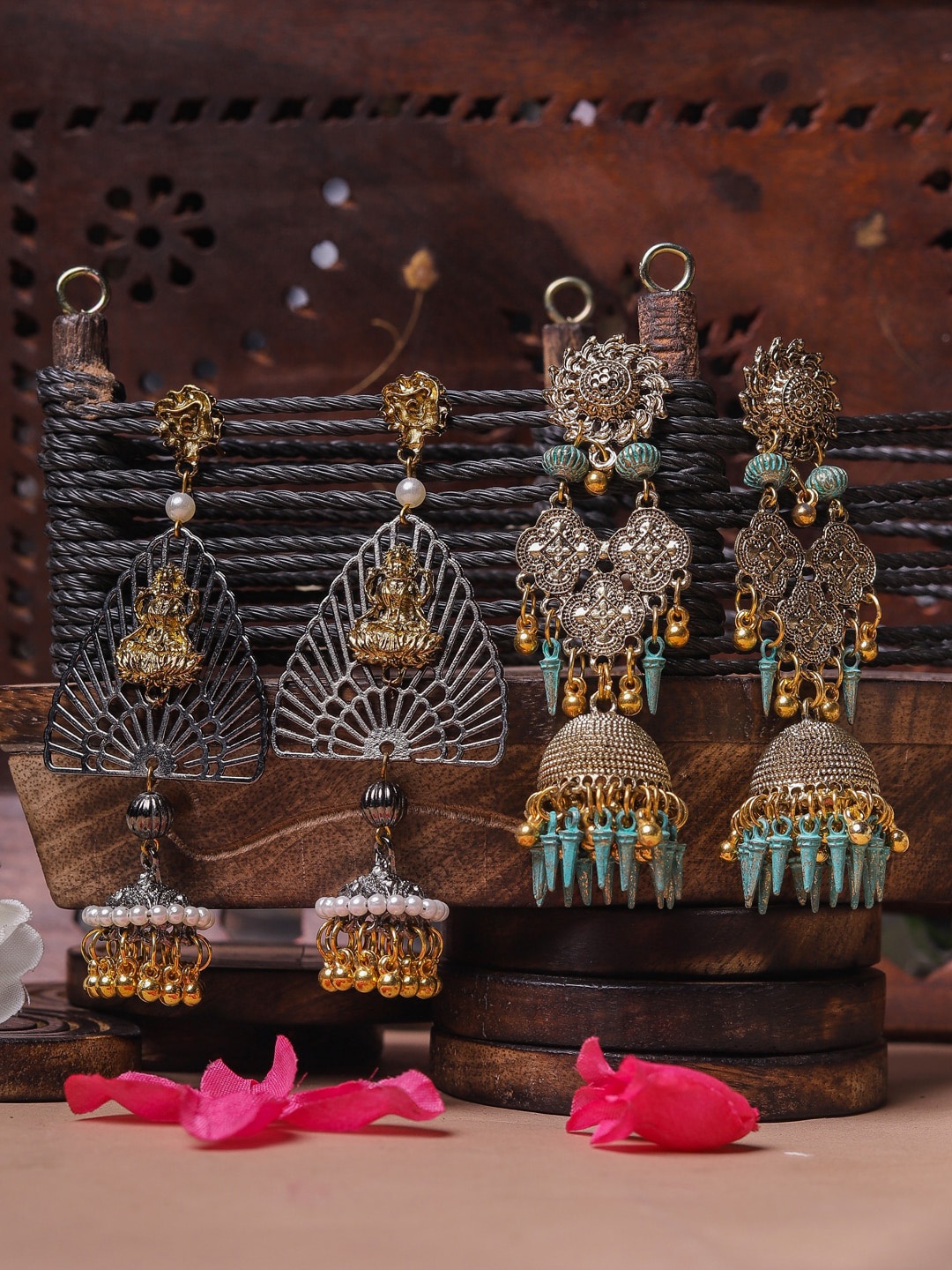 

DIVA WALK Black Set of 2 Black & Silver-Plated Jhumkas Earrings