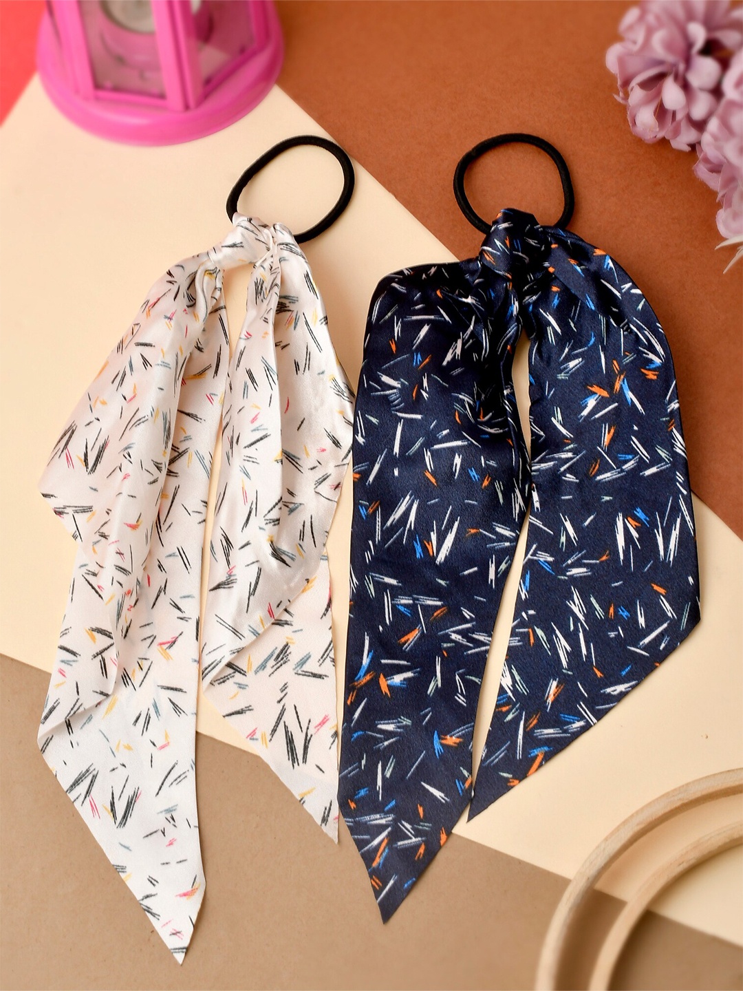 

Silvermerc Designs Women Off White & Navy Blue Set of 2 Ponytail Holders